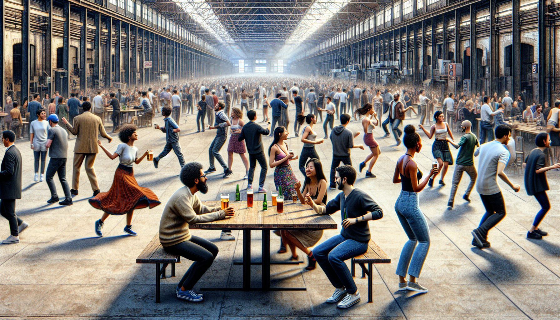 Disused railway station, people dancing and drinking 