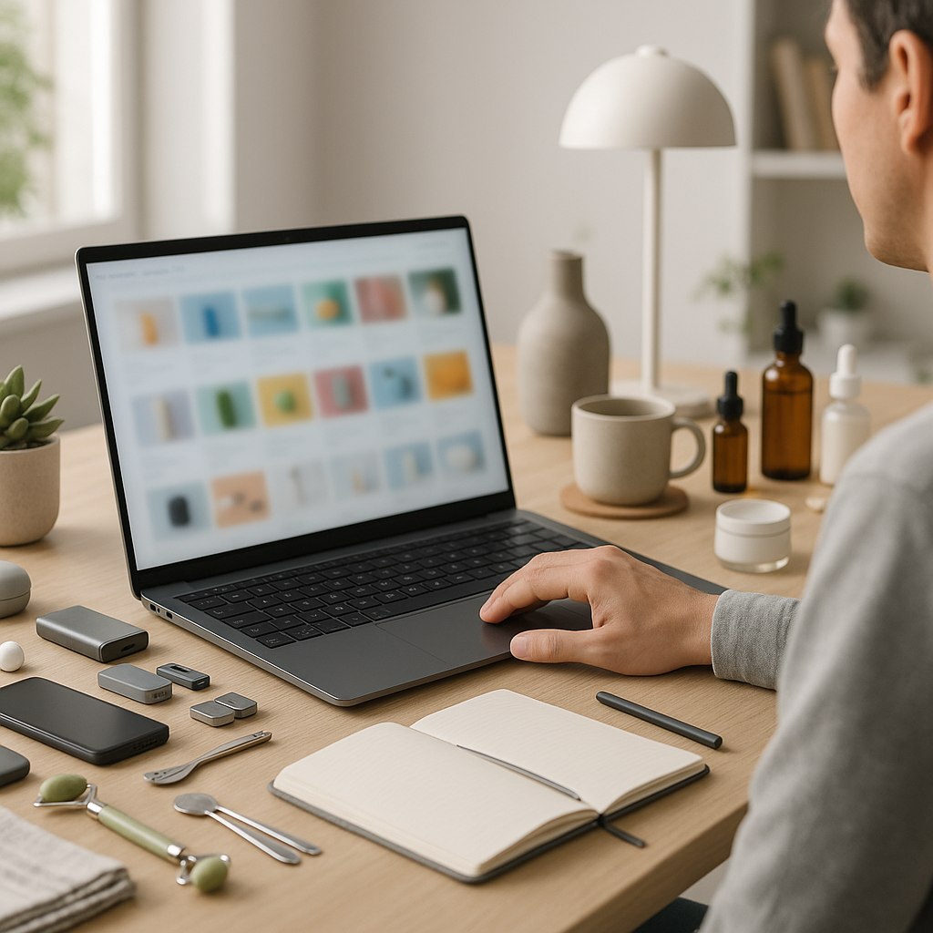 A realistic home office scene showing a person exploring product ideas on a laptop, screen blurred with product grid visuals but no readable text, desk filled with different small items like gadgets, home accessories, beauty products, and kitchen tools, notebook with blank pages, soft natural daylight, clean minimal setup, modern realistic environment, high detail, 4k, no text, no logos