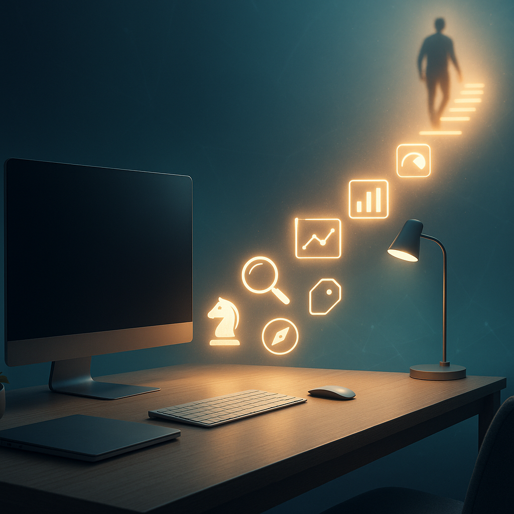 wide cinematic landscape, horizontal composition A realistic conceptual scene showing a person progressing from basic to advanced skill level in SEO content writing, visualized through a glowing upward path or ladder made of abstract skill icons (writing, analytics, keyword research, strategy shown as simple symbols without text), a silhouette or blurred person moving upward in the background, soft digital glow effects representing improvement and growth, modern minimal workspace environment, inspirational and educational atmosphere, cinematic lighting, high detail, 4k, no text, no logos, landscape 16:9