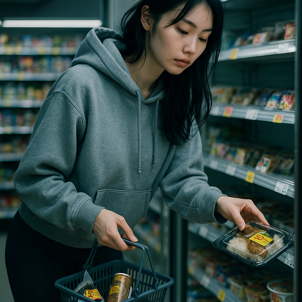 {
  "subject": {
    "description": "A breathtakingly beautiful East Asian woman (Rin's body, inhabited by Sho) shopping at a convenience store at midnight.",
    "age": "Late teens",
    "expression": {
      "eyes": {
        "look": "focused, squinting slightly to see the price tags",
        "energy": "serious, domestic, nurturing yet sharp",
        "direction": "looking down at a bento box in her hand"
      },
      "mouth": {
        "position": "slightly pursed lips in concentration",
        "energy": "determined"
      },
      "overall": "cool ice-beauty features combined with a warm, motherly/delinquent aura, unaware of her charm"
    },
    "face": {
      "makeup": "completely bare skin, porcelain complexion, natural beauty"
    }
  },
  "hair": {
    "color": "deep navy blue-black",
    "style": "long straight hair partially tucked into a hoodie, slightly messy strands",
    "effect": "natural, casual, effortless"
  },
  "body": {
    "frame": "tall, slender, high-spec model-like proportions",
    "waist": "hidden by baggy clothing",
    "chest": "large and prominent even under the heavy fabric of the hoodie, creating a soft silhouette",
    "legs": "slender, visible in simple leggings",
    "skin": {
      "visible_areas": "face, neck, hands",
      "tone": "fair, cool-toned, luminous under fluorescent light",
      "texture": "velvety smooth, realistic skin detail",
      "lighting_effect": "harsh top-down convenience store fluorescent light creating dramatic shadows and highlights"
    }
  },
  "pose": {
    "position": "standing in front of a refrigerated shelf, leaning slightly forward",
    "base": "one hand holding a shopping basket with half-priced items, the other hand reaching for a bento",
    "overall": "candid, practical movement, projecting a sense of household responsibility"
  },
  "clothing": {
    "top": {
      "type": "oversized heavy grey hoodie",
      "color": "heather grey",
      "details": "baggy fit, thick fabric, hood resting on shoulders",
      "effect": "hiding the body shape but emphasizing the bust through fabric tension as she reaches forward"
    },
    "bottom": {
      "type": "black sports leggings",
      "color": "matte black",
      "details": "simple, functional",
      "effect": "emphasizing the long, model-like legs"
    }
  },
  "accessories": {
    "headwear": "",
    "jewelry": "",
    "device": "",
    "prop": "a bento box with a prominent yellow '50% OFF' sticker, a convenience store shopping basket"
  },
  "photography": {
    "camera_style": "Candid urban slice-of-life, cinematic realism",
    "angle": "eye level, slightly from the side",
    "shot_type": "medium full shot",
    "aspect_ratio": "3:4",
    "texture": "crisp details, subtle digital noise characteristic of low-light konbini photography",
    "lighting": "Iconic convenience store lighting: bright, cool-toned fluorescent lamps overhead, multiple light sources creating complex reflections on the fridge glass",
    "depth_of_field": "medium, blurred shelves of drinks and snacks in the background"
  },
  "background": {
    "setting": "Inside a Japanese convenience store (Konbini) at night",
    "wall_color": "bright white/clinical",
    "elements": [
      "refrigerated display cases",
      "rows of colorful plastic bottles",
      "bright price tags",
      "fluorescent ceiling panels"
    ],
    "atmosphere": "late-night quiet, mundane yet magical, urban sanctuary",
    "lighting": "flat, bright, clinical yet atmospheric"
  },
  "the_vibe": {
    "energy": "maternal delinquent chic",
    "mood": "practical and serene",
    "aesthetic": "Street-wear beauty, urban realism",
    "authenticity": "imperfect everyday moment, the legendary 'Konbini Angel'",
    "intimacy": "distant observation of a local legend",
    "story": "The delinquent soul caring for his family, unknowingly becoming the heartthrob of the neighborhood in a girl's body.",
    "caption_energy": "Midnight Bargain Hunter."
  },
  "constraints": {
    "must_keep": [
      "oversized grey hoodie",
      "squinting ice-beauty face",
      "50% OFF sticker on bento",
      "model-tier legs in leggings",
      "prominent bust silhouette under fabric",
      "fluorescent store lighting"
    ],
    "avoid": [
      "eye contact",
      "explicit exposure",
      "smiling",
      "glamorous studio background"
    ]
  }
}