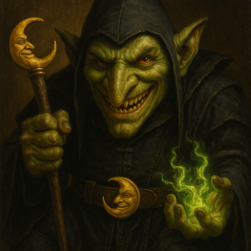 High resolution image of a green skinned hooked nose goblin with a viscious grin in the style of the great Renaissance artists;(rich gold tones, royal oil painting, dark elegant background, dramatic lighting, highly detailed, visible brush strokes, majestic and regal atmosphere, masterpiece). This is a close up image with the goblin cropped tightly in centre frame. He is wearing black robes made from thick black cloth with visiboe patchwork and stitching, which lead to a tall pointed hood almost forming a crescent moon with the goblins long pointed chin. His belt buckle has a yellow moon with a sneering face depicted upon it. In one hand he points a staff towards the observer with the same yellow moon symbol at the staff's head. The other hand glows with a crackling green magical energy. The goblin is of small stature but he is crouched in such a way that he takes up the whole frame. The stylized comic book look is brought to life with a cell shaded style that makes the black clothes, yellow symbols, green skin and red eyes of the character visually pop.  Hyperdetailed 16k character render with stylized realism that emphasizes every texture in the fabric of the character and the shiny gleam of the polished ornaments.