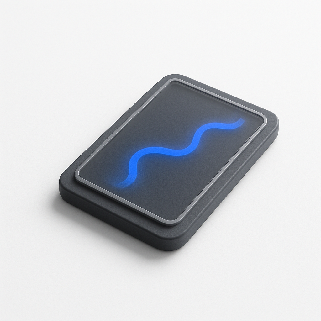 Minimal realistic 3D illustration with a clean white background. A small modern device or card representing trip planning, rendered with realistic materials (soft-touch plastic, glass surface). Neutral grays (Gray 900 for depth, Gray 500 for secondary surfaces). One accent color from the palette (17B978 or 3F52E3) with subtle tonal shades only. Natural studio lighting, soft shadows, minimal reflections, compact composition. No text, no numbers, no icons, premium SaaS product style.