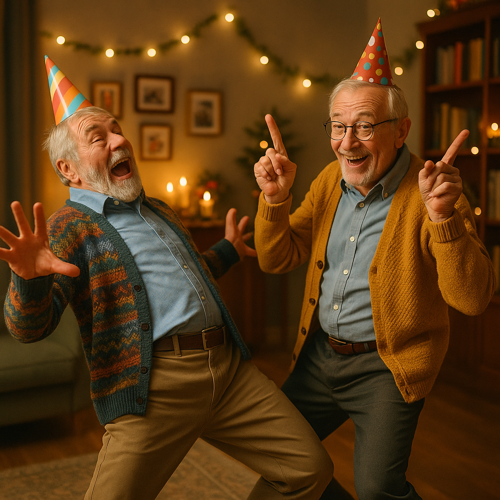 Two elderly men wearing colorful and funny festive hats dancing in a cozy living room, exaggerated and comical dance poses, one leaning backward with arms flailing wildly, the other doing a goofy disco pose with finger guns, big joyful smiles, playful and humorous atmosphere, warm lighting, candles and decorations in the background, slightly cartoonish but realistic style, vibrant colors, dynamic motion, high detail, 4k