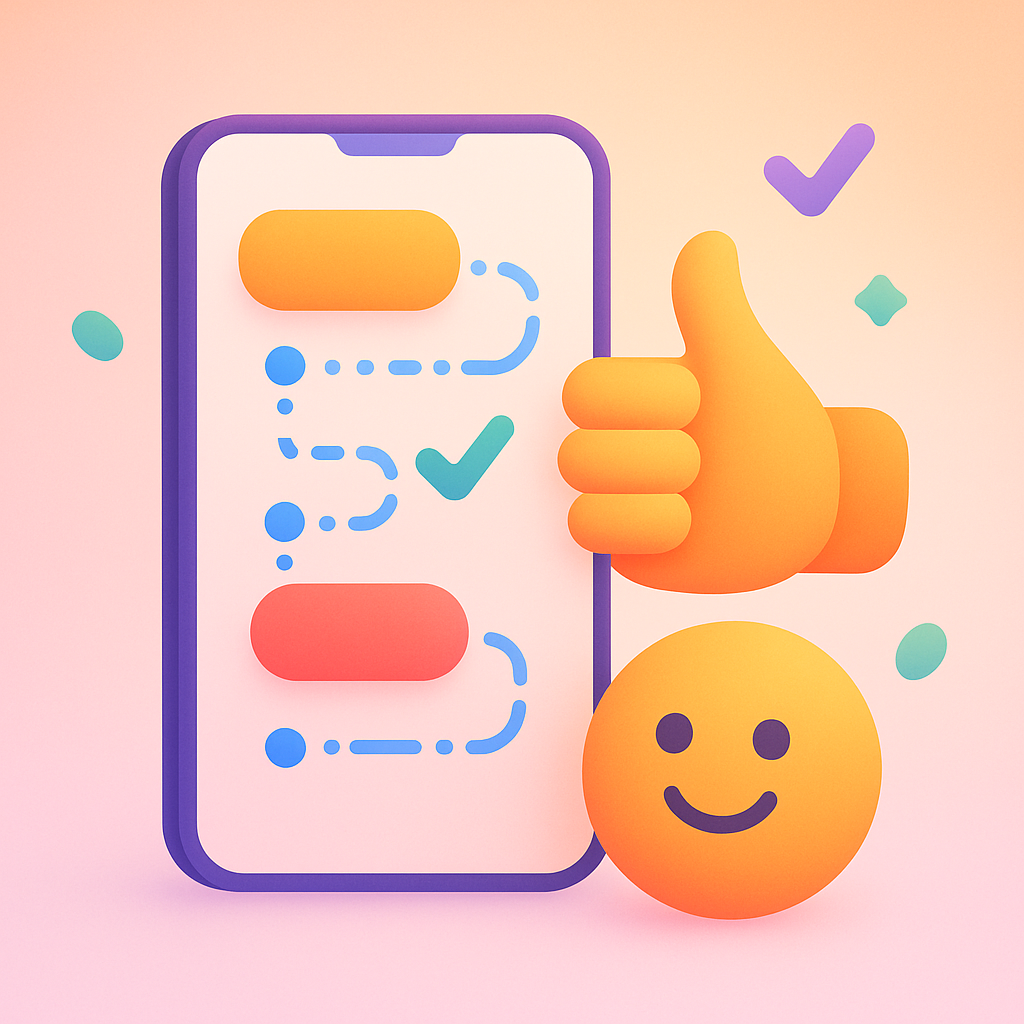 Soft, friendly flat illustration in a modern mobile onboarding style. Rounded shapes, playful emoji-like faces, no outlines, smooth pastel gradients, slightly 3D but still flat and vector-clean.

Background: soft multi-stop gradient using #FBAFAF, #F6CD9B, #FEEFED.
Foreground palette only: #EC9B3B, #F75940, #E23E57, #7045AF, #3F52E3, #3498DB, #46CDCF, #17B978.

Calm, friendly emotional tone, clean composition, generous negative space, no text, no textures, no noise, no harsh shadows. Designed for a mobile app onboarding screen.

A happy rounded face next to a modern smartphone displaying an abstract itinerary.
The phone screen shows simple shapes, cards, and lines only.
A thumbs-up gesture conveying success and confidence.
Cheerful, reassuring mood.