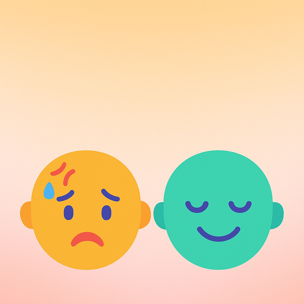 Soft, friendly flat illustration in a modern mobile onboarding / SaaS app style. Rounded shapes, playful emoji-like faces, no outlines.

Background: smooth multi-stop gradient using #FBAFAF, #F6CD9B, #FEEFED.

Foreground: solid flat colors only (no gradients) using this palette exclusively:
#EC9B3B, #F75940, #E23E57, #7045AF, #3F52E3, #3498DB, #46CDCF, #17B978.

Clean vector look, crisp edges, flat fills, minimal shading only if needed, no textures, no noise, no glow, no shadows with gradients. Designed for a mobile onboarding screen. No text.

Two simplified human faces displayed side-by-side, same style and proportions.

Left face: overwhelmed expression — slightly droopy or wide eyes, raised inner eyebrows, small downturned mouth, subtle stress marks.
Right face: chilled expression — relaxed eyes, soft smile, calm and confident mood.

Rounded head shapes, emoji-like but clearly human, minimal facial features only (eyes, eyebrows, mouth). No outlines.

Background: smooth multi-stop gradient using #FBAFAF, #F6CD9B, #FEEFED.

Foreground (faces & features): solid flat colors only (no gradients) using this palette exclusively:
#EC9B3B, #F75940, #E23E57, #7045AF, #3F52E3, #3498DB, #46CDCF, #17B978.

Clean vector look, crisp edges, flat fills, no textures, no noise, no glow, no shading gradients. Designed for a mobile onboarding screen. No text.