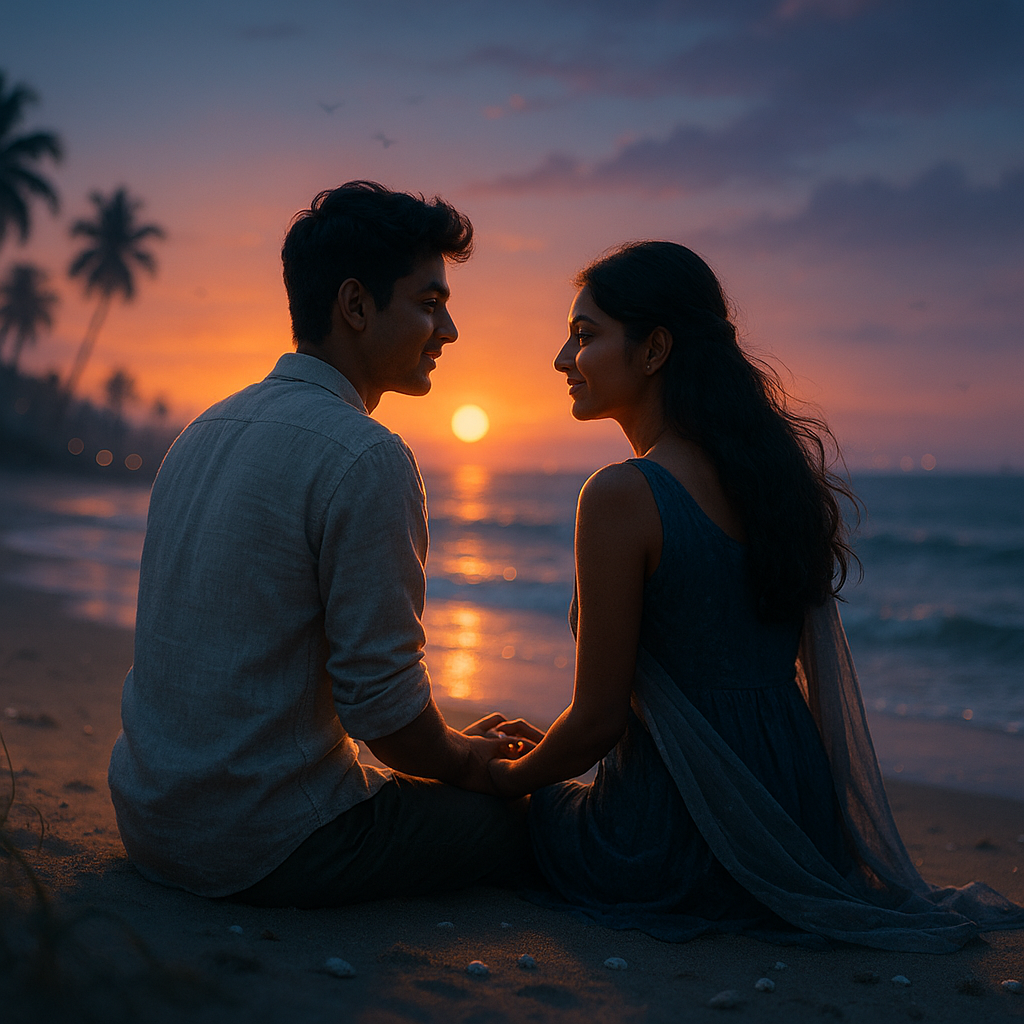 20 yesrs indian boy and girl full of love mood to sitting on beach area with evening time
to creat a cinimatic high defenition quality