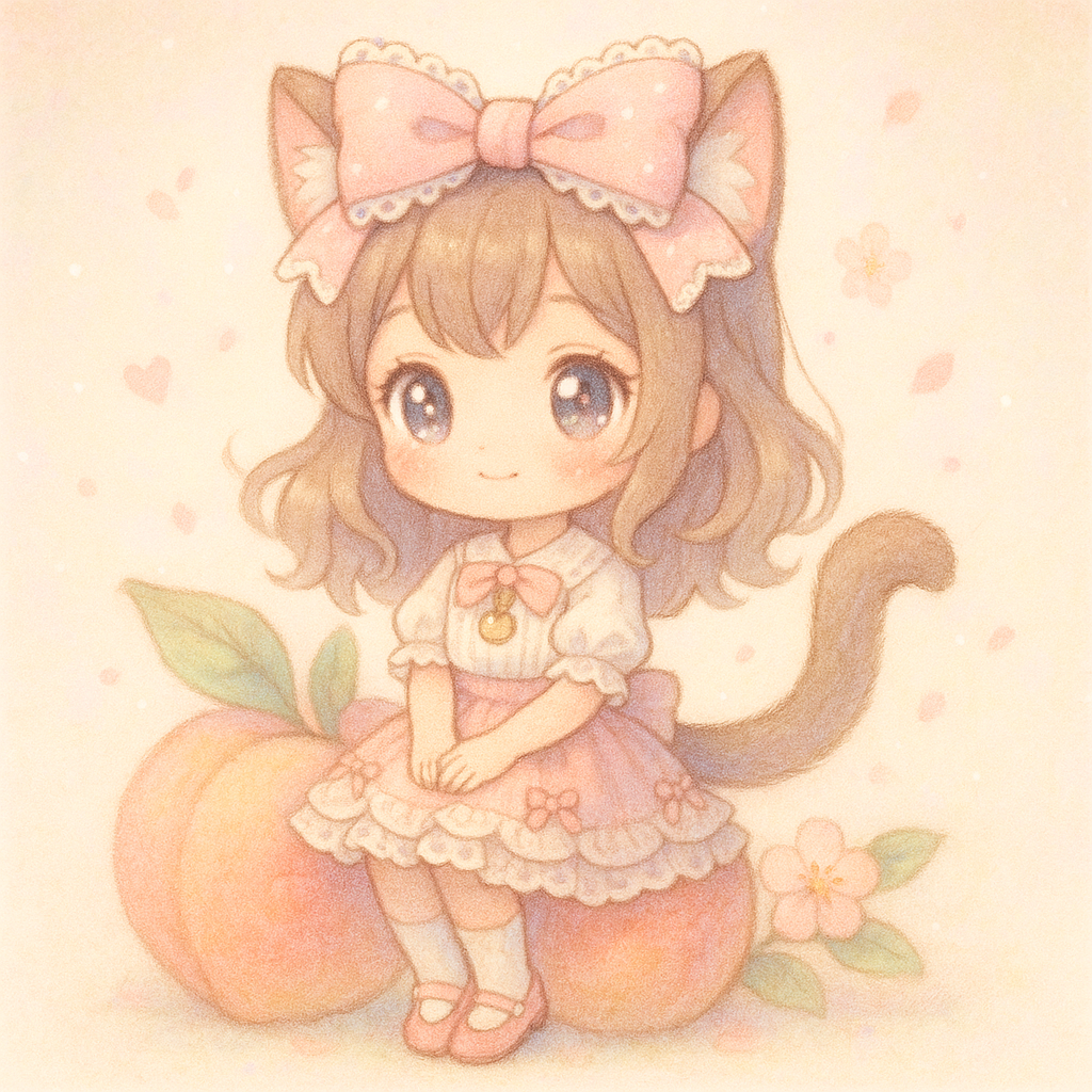 Buatkan gambar perempuan chibi dengan ekor dan telinga kucing, posenya sedang duduk dengan baju coquette, pose duduknya itu diatas buah peach