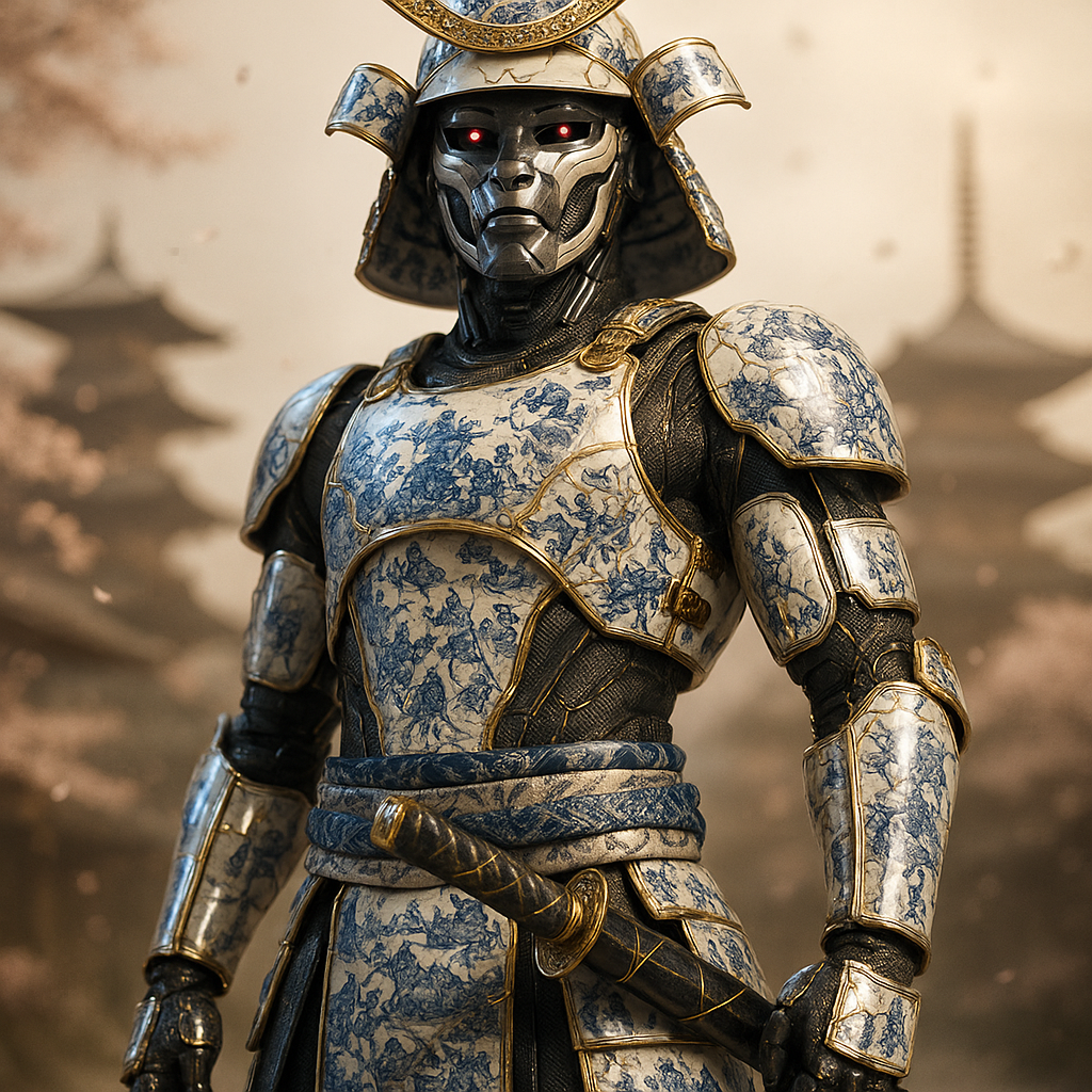  A hyperrealistic fashion portrait of a futuristic Cyborg warrior, with intricately ornate armour, extremely hyper detailed and highly polished finish. Full body portrait aesthetic. A fusion of historically traditional attire (Kabuto, Menpo, Katana) but made from opulent luxe materials: Porcelain white with intricate blue patterns (patterns depicting warriors in battle and tell stories of samurai), with metallic gold accents, Kintsugi. Photorealistic 16k character render with stylized realism that emphasizes every texture in the fabric of the character and the shiny gleam of the polished surfaces. Blurred sepia toned background (ancient city, pagodas, cherry blossoms) that allows the character to be the main focus of the image. Professional photoshoot. HDR, captured with professional three-point studio lighting using a softbox as key light and side LED strips for razor-sharp facial details and dreamy shallow depth of field. >> Low Camera angle. Captured in a HDR with full length portrait photography aesthetic. Presented as AAA character art with DayZ game style futures, rendered with ZBrush-level sculpt detail, Unreal Engine/Octane/Redshift-style ray-traced lighting, physically based rendering, film-grade color grading, and ultra-sharp 16k hyperrealism. Stylized realism, not illustration, professional cinematic character render.