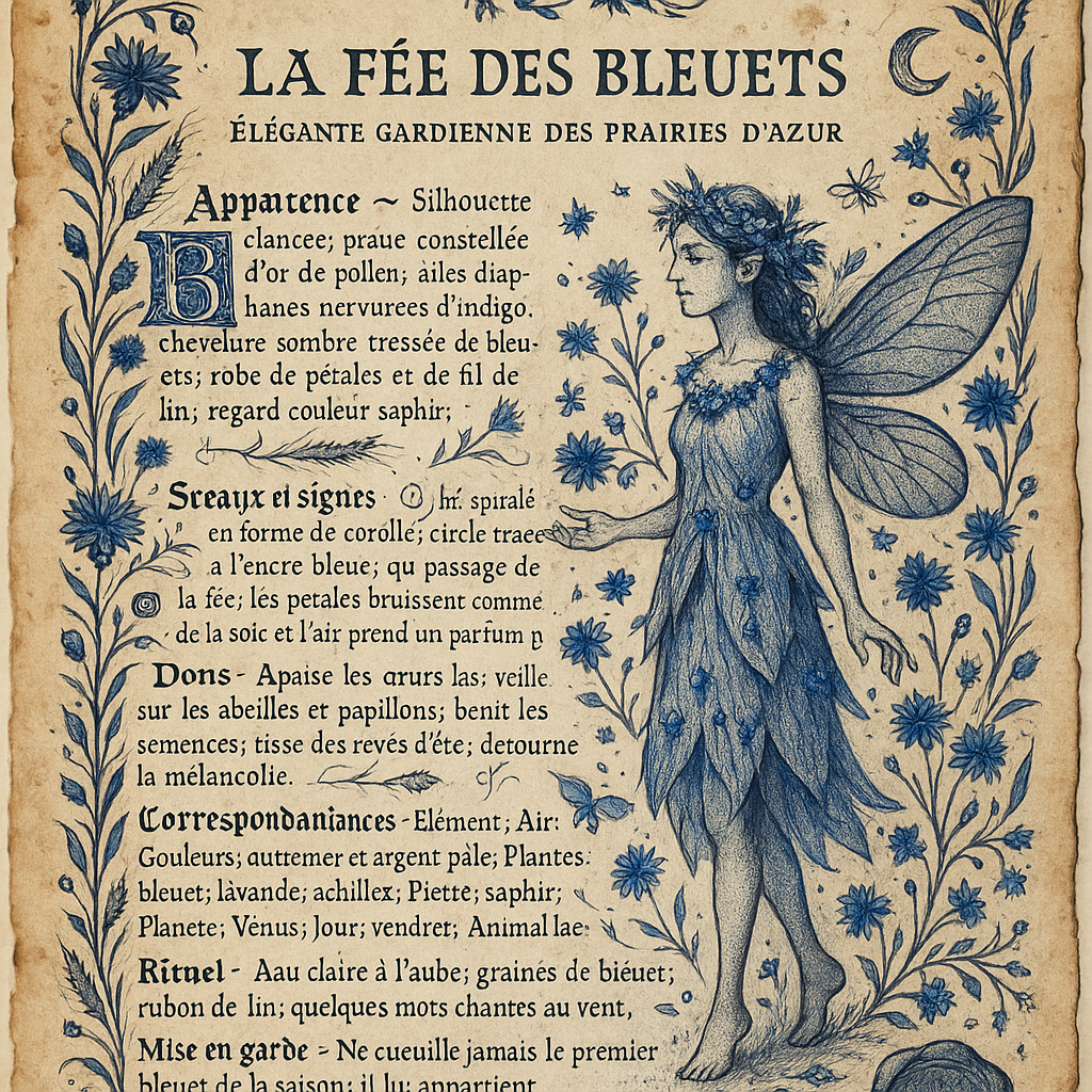 Créer moi une image des bleuets et avec une élégante fée et des éléments qui vont avec, avec du texte en français qui présente ses caractéristiques principales. Style page de grimoire