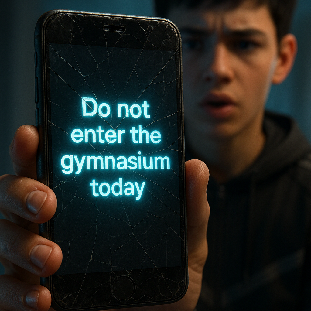 Close-up shot of old cracked black smartphone in Yanis hands. Screen vibrates and shows glowing text: “Do not enter the gymnasium today.”
Yanis (16, short black hair, sporty outfit, surprised expression) reacts seriously.

🗣️ Dialogue:
Yanis: “Okay… that’s weird.”

👄 Lip sync:
Yanis → realistic lip sync