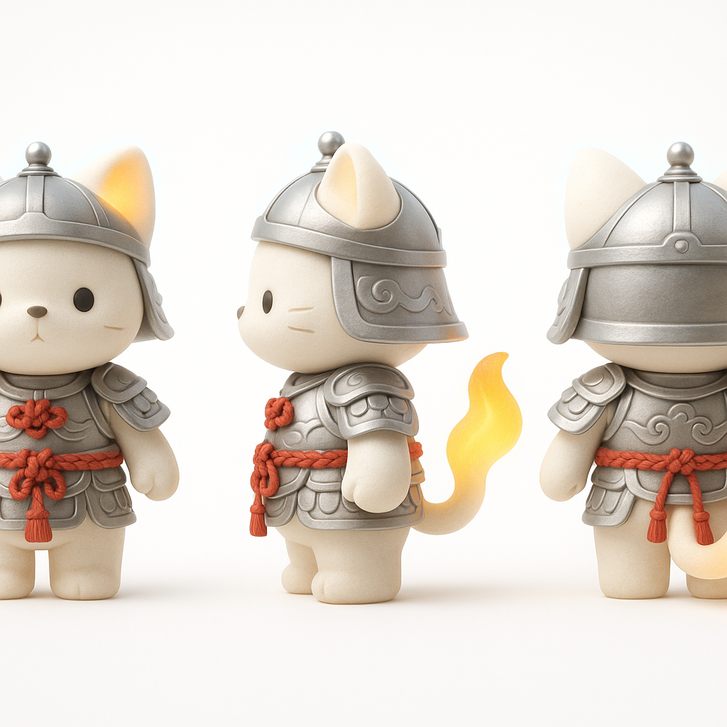 3D character design sheet, a cute anthropomorphic spirit cat wearing ancient Chinese silver armor, front view, side view, back view, three angles side-by-side, flaming tail tip, red tassels on armor, Pop Mart blind box style, clay material, C4D rendering, Octane render, clean white background, high quality, isometric view --ar 3:2 --no shadow