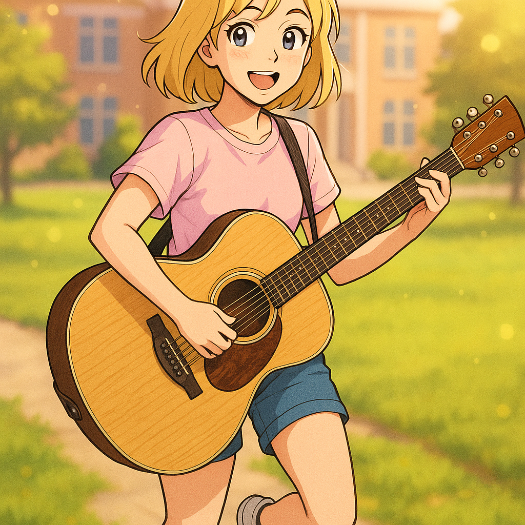 アコースティックギターを持っている
女子大学生
金髪
ショートパンツをはいている
Tシャツを着ている
スニーカーを履いている
明るい笑顔