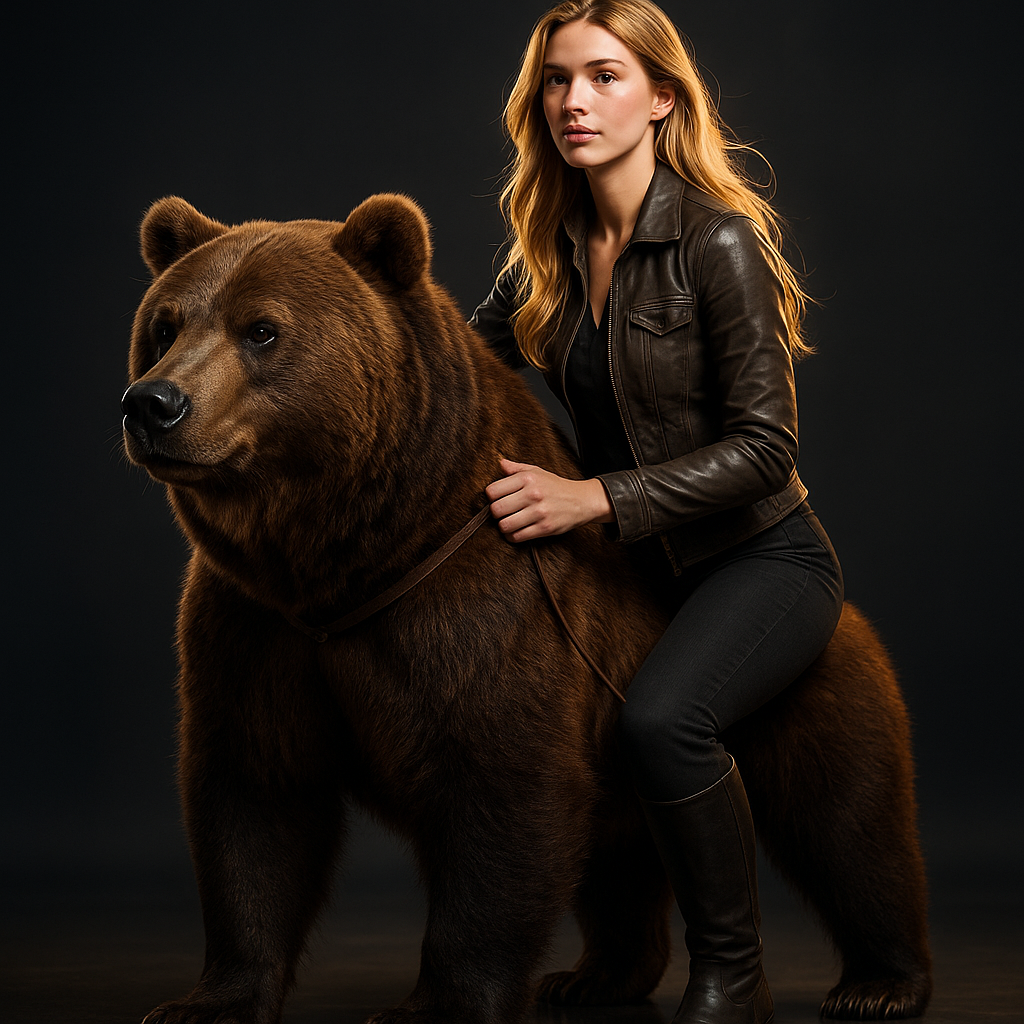 A beautiful girl with golden hair rides a big bear.ultra realistic in HD format.4k.studio photography.complicated details.clarity.Cinema 4D.HDR