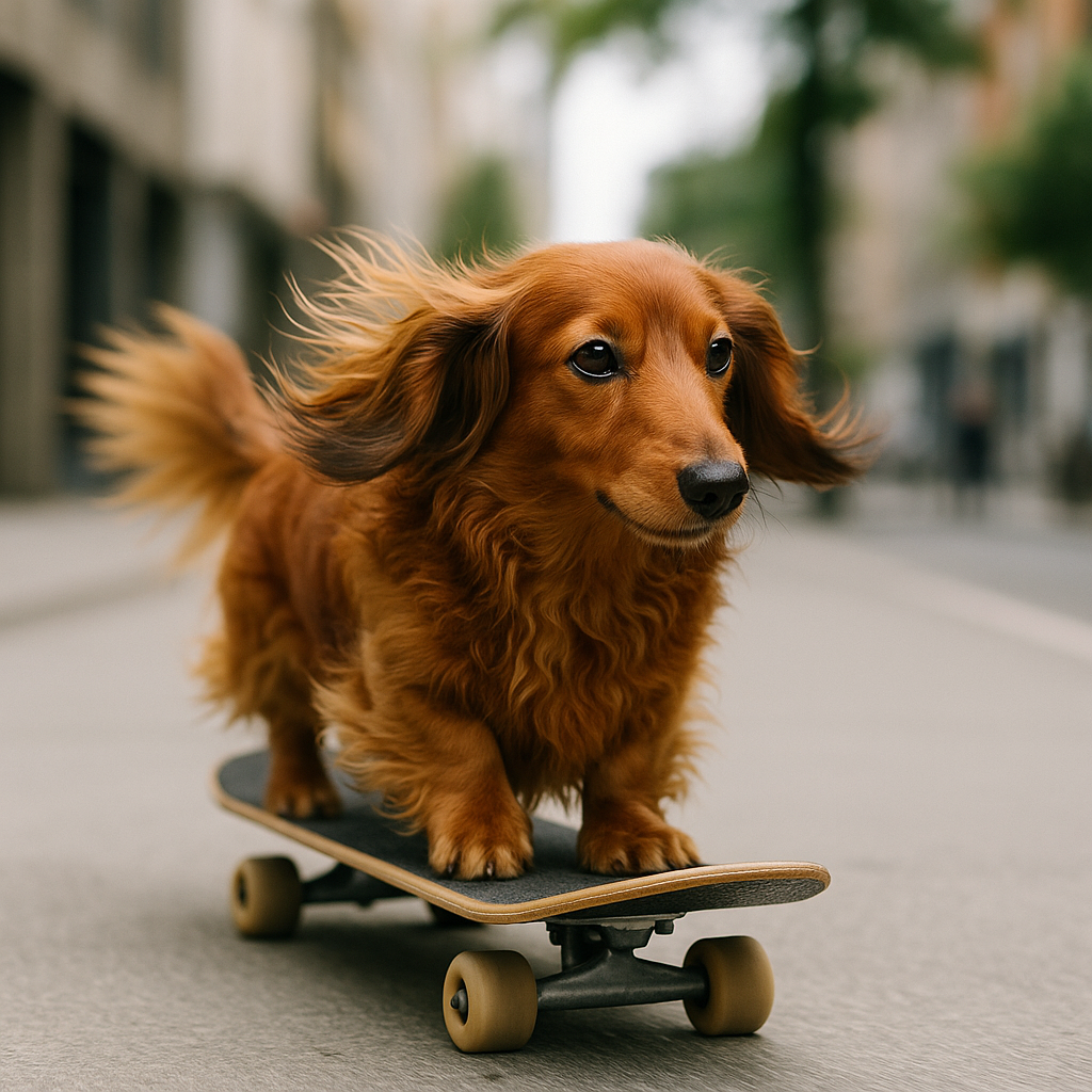 Create a realistic photo: a red-haired long-haired dachshund with a fluffy tail rides a skateboard on the sidewalk of the city. the coat is slightly curly, slightly blowing in the wind.