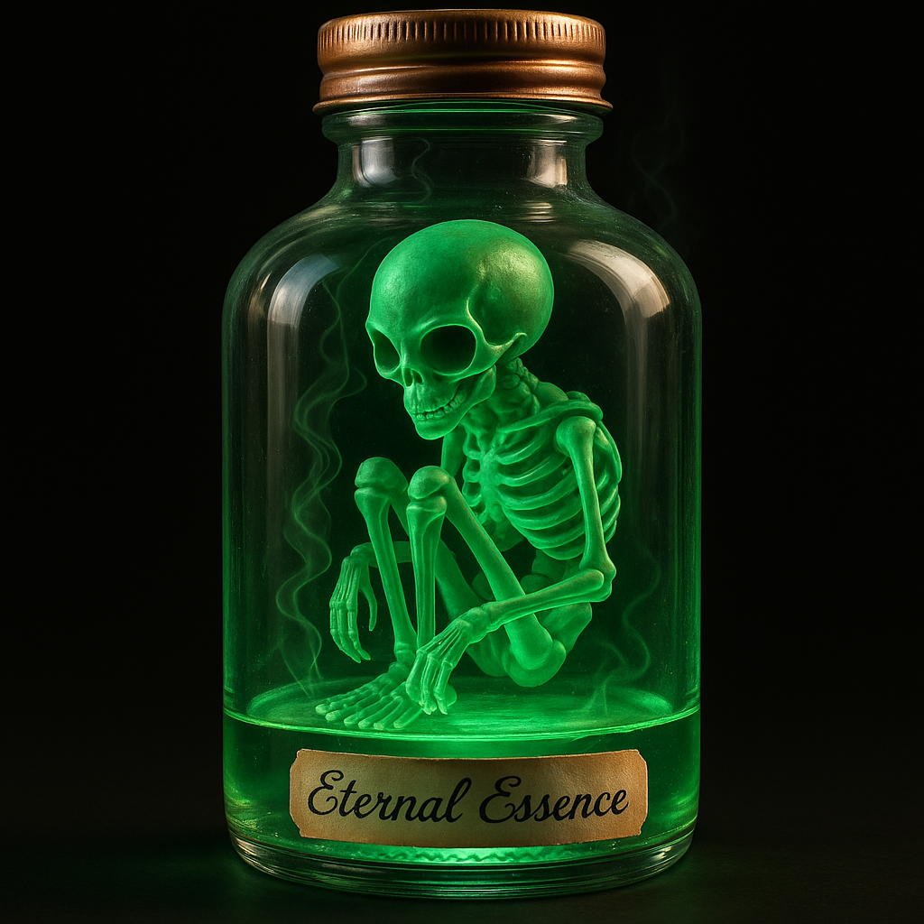 A HDR 3D render of a glass potion bottle containing a glowing green skeleton inside. The bottle has a copper-colored screw-top lid and contains a translucent green liquid at the bottom. A tan-colored banner with black cursive text "Eternal Essence" hangs from the bottom of the bottle. An alien skeletal composition inside is rendered in a glowing emerald green color with detailed bone structure, showing the entire skeletal form in a hunched sitting position. Wisps of white smoke or mist rise from the bottle's contents. The bottle has a traditional apothecary style with rounded shoulders and a narrow neck. The image has a dark background and is rendered in a hyperrealistic style with strong contrast between the green tones and the black background. The overall composition has a supernatural, mystical quality with the glowing effect creating an ethereal atmosphere.