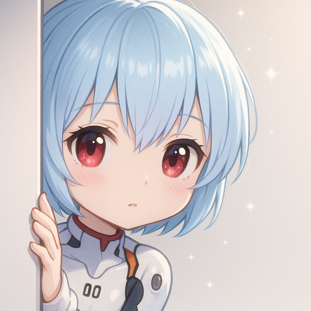Kawaii Anime Doll Style: A petite, kawaii Rei Ayanami emerging from the edge—rendered in a single, short paragraph of hyper-detailed and intricate description: a tiny Rei peeks out shyly from the very limit of the frame, as if the world were unfolding just beyond her reach; her short, straight hair—a pale, almost translucent blue—falls in perfect strands around a set of blunt bangs that frame her forehead; her ruby-red eyes gleam with a liquid luster that contrasts with the icy softness of her skin, creating a visual juxtaposition as delicate as it is magnetic; her slender fingers cling to the edge with an almost tender delicacy, while a soft light caresses every micro-texture of her silhouette, revealing kawaii glimmers that pulse like tiny stars, conveying the sensation that she is on the verge of slipping entirely into our world.