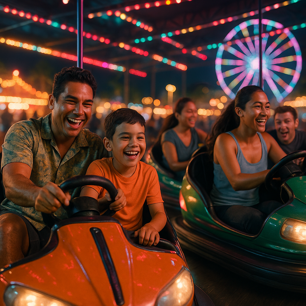 Ultra realistic cinematic video of a vibrant Hawaiian summer carnival at night. Inside a brightly illuminated bumper car arena, a Hawaiian father and his 9-year-old son laugh while driving an orange bumper car on the left side. On the right side, a smiling Hawaiian mother drives a green bumper car as a young American couple in a purple bumper car crashes playfully into her vehicle. The blonde American woman laughs during the collision while her boyfriend reacts naturally. In the background, several bumper cars move dynamically and collide with each other. Bright colorful carnival lights reflect on the glossy floor. Massive ferris wheel, tropical carnival atmosphere, realistic crowd movement, authentic emotions, cinematic lighting, ultra detailed textures, realistic skin and hair, 8K photorealism, dynamic camera movement, Hollywood movie quality.