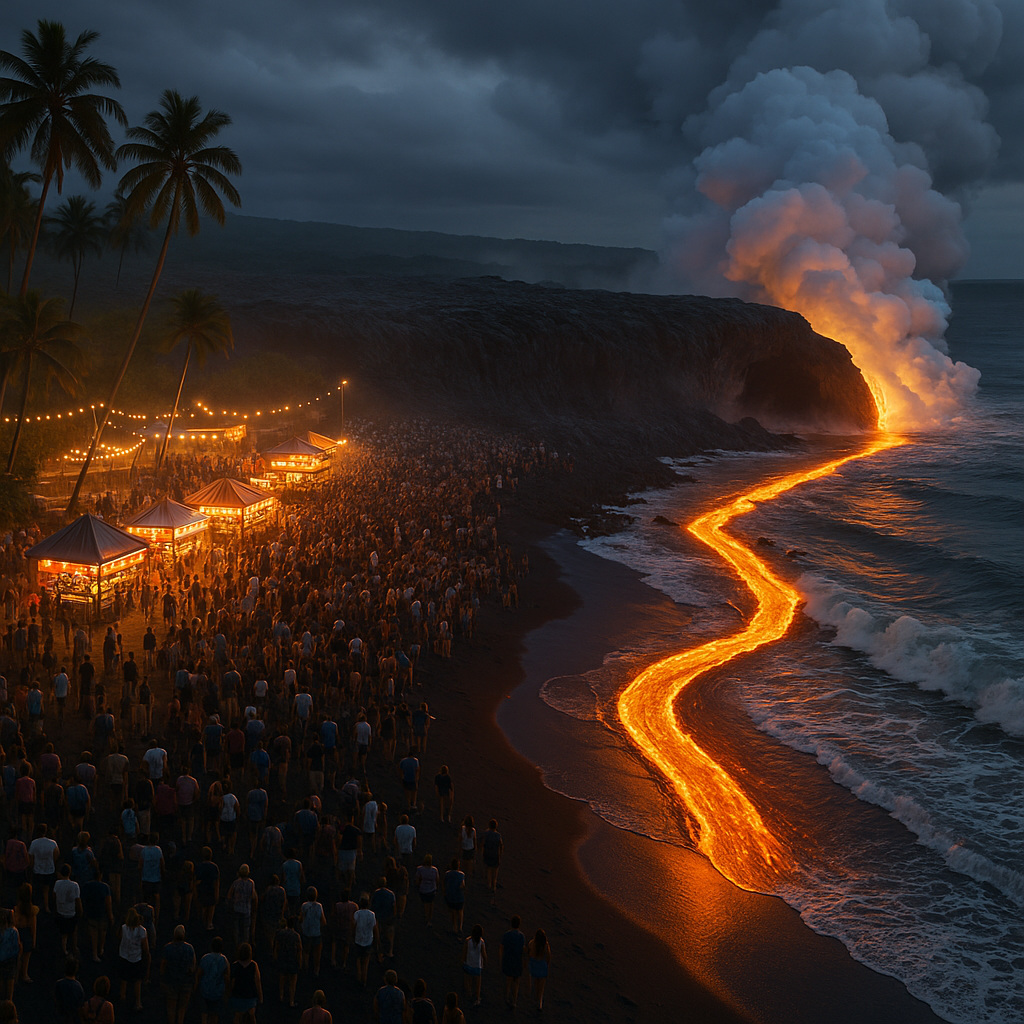 Ultra realistic cinematic Hawaiian summer beach festival at dusk, tropical carnival lights and food stands near a volcanic coastline, hundreds of people watching from a safe distance, a glowing river of lava flowing out of a dark volcanic lava tube across black sand into the Pacific Ocean, violent lava ocean entry creating massive white steam clouds, realistic molten lava textures, orange reflections on wet sand and water, dramatic volcanic atmosphere, photorealistic smoke and steam simulation, cinematic lighting, natural human proportions, aerial drone shot, highly detailed environment, realistic ocean foam, volcanic rock formations, humid tropical air, long exposure glow, epic scale, IMAX documentary style, National Geographic realism, 8k, ultra detailed, volumetric lighting, physically accurate rendering. Negative promps: cartoon, anime, low quality, blurry, oversaturated lava, fake smoke, malformed humans, duplicated people, bad anatomy, floating objects, unrealistic proportions, low detail water, plastic textures, CGI look, artificial lighting, distorted crowd, extra limbs, melted faces.
