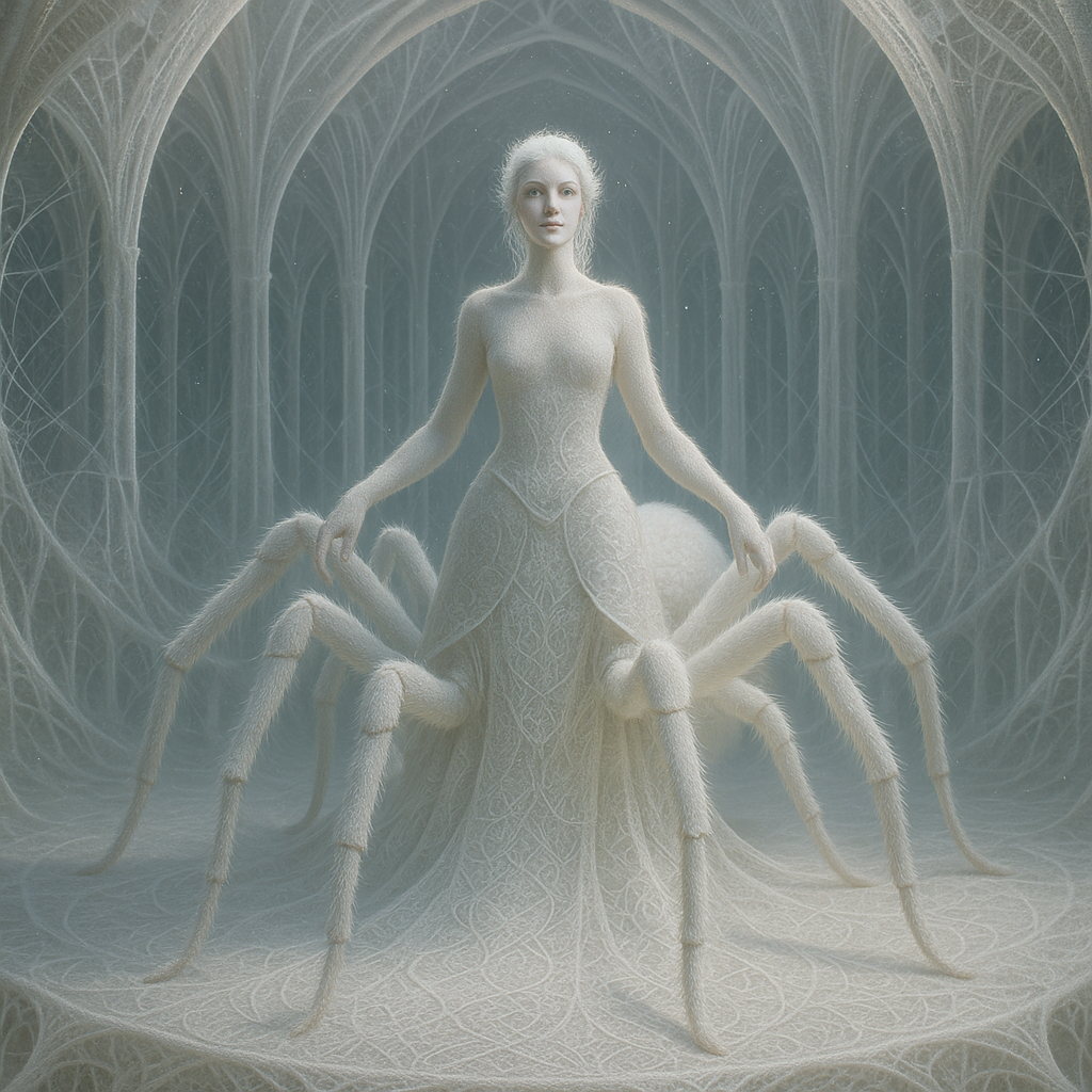 A mythical female humanoid creature—half-spider, half-human—rises within the throne room of a palace woven from spider silk, so intricate and fragile that it seems to breathe of its own accord. Her hyper-realistic skin—covered in a layer of ultrafine, velvety hair akin to that of a white tarantula—glows with an enigmatic luster beneath a soft, ethereal light that caresses every contour. Her flowing gown—saturated with impossible patterns and hand-drawn textures—merges with absolute ...