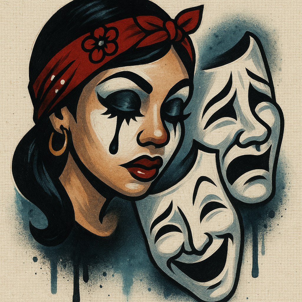 Create a canvas  image  of The Chicanita Clown easy cartoon style like if she was looking down from the drawing and, place a classic street art "Smile Now, Cry Later" style clown. Focus on high-contrast face makeup—exaggerated dark eye paint, long thin teardrops, sharply lined lips, and distinct arched eyebrows.