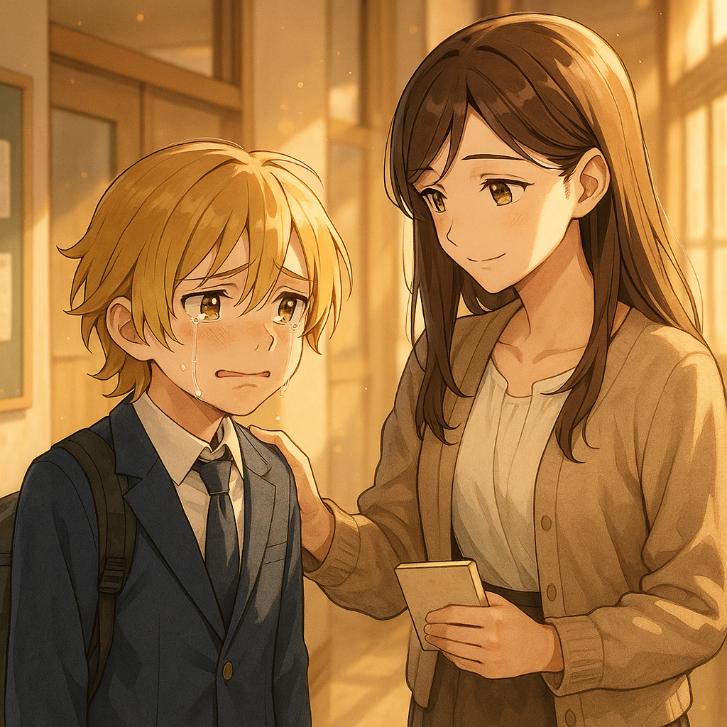a student(13 years old-male,has a golden long hair"reach his neck only",and golden eyes),is bidding farewell to his beloved teacher(Mrs.Youstina-25 years old-female,she has beautiful long brown hair,with honey eyes)the studen is very sad to bid farewell to his beloved teacher because he will miss her ,also the student loves his teacher dearly because she was kind to him many times