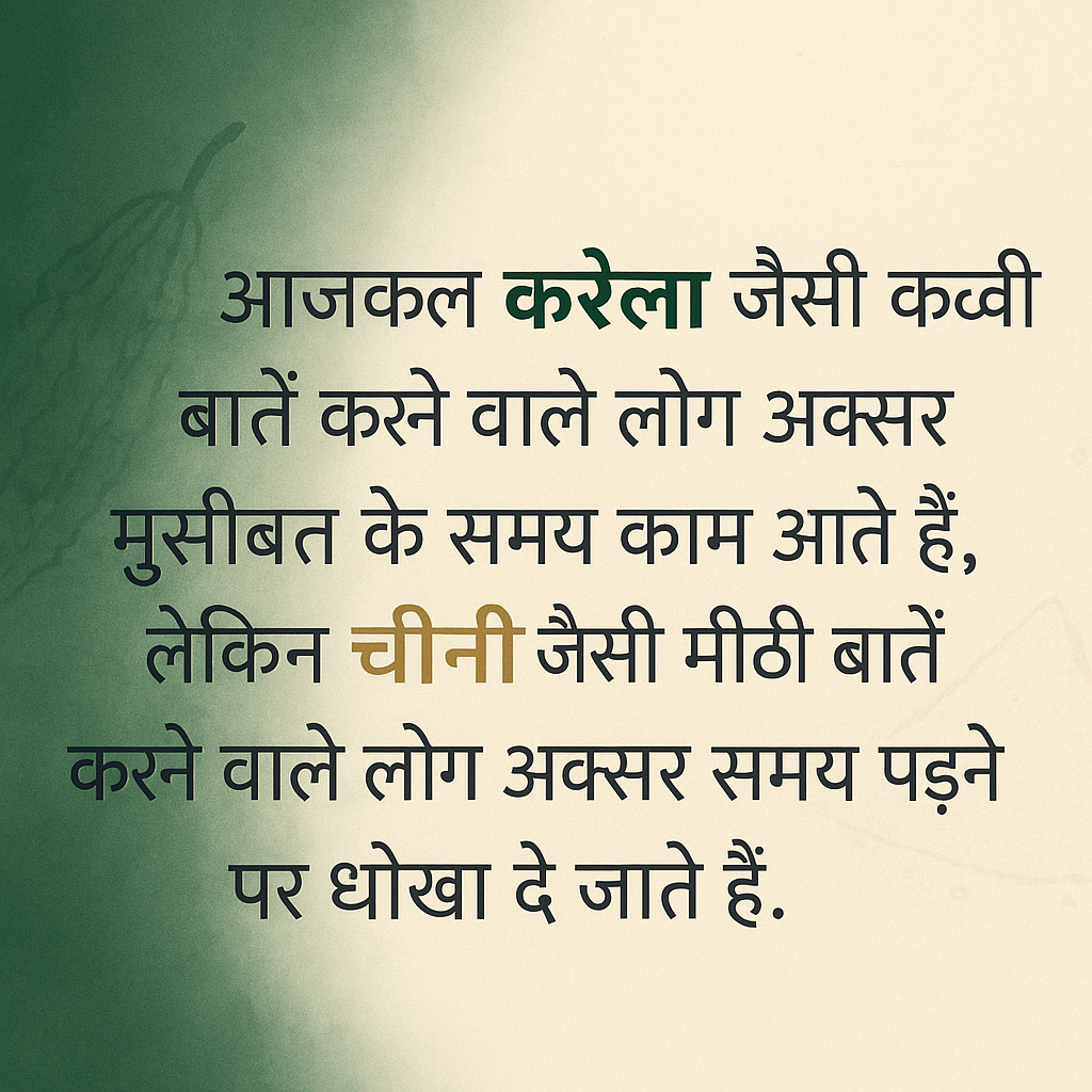 आजकल करेला जैसी कड़वी बातें करने वाले लोग अक्सर मुसीबत के समय काम आते हैं, लेकिन चीनी जैसी मीठी बातें करने वाले लोग अक्सर समय पड़ने पर धोखा दे जाते हैं।
