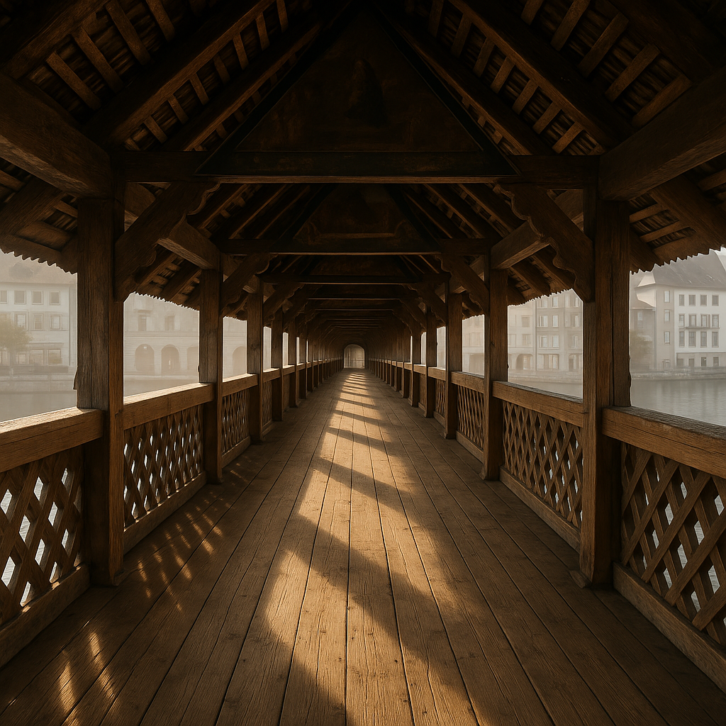 Quiero una imagen del interior del puente de madera historico de la ciudad de Lucerna, Suiza. La idea es despues agregar a una persona caminando por la parte de adentro del puente
