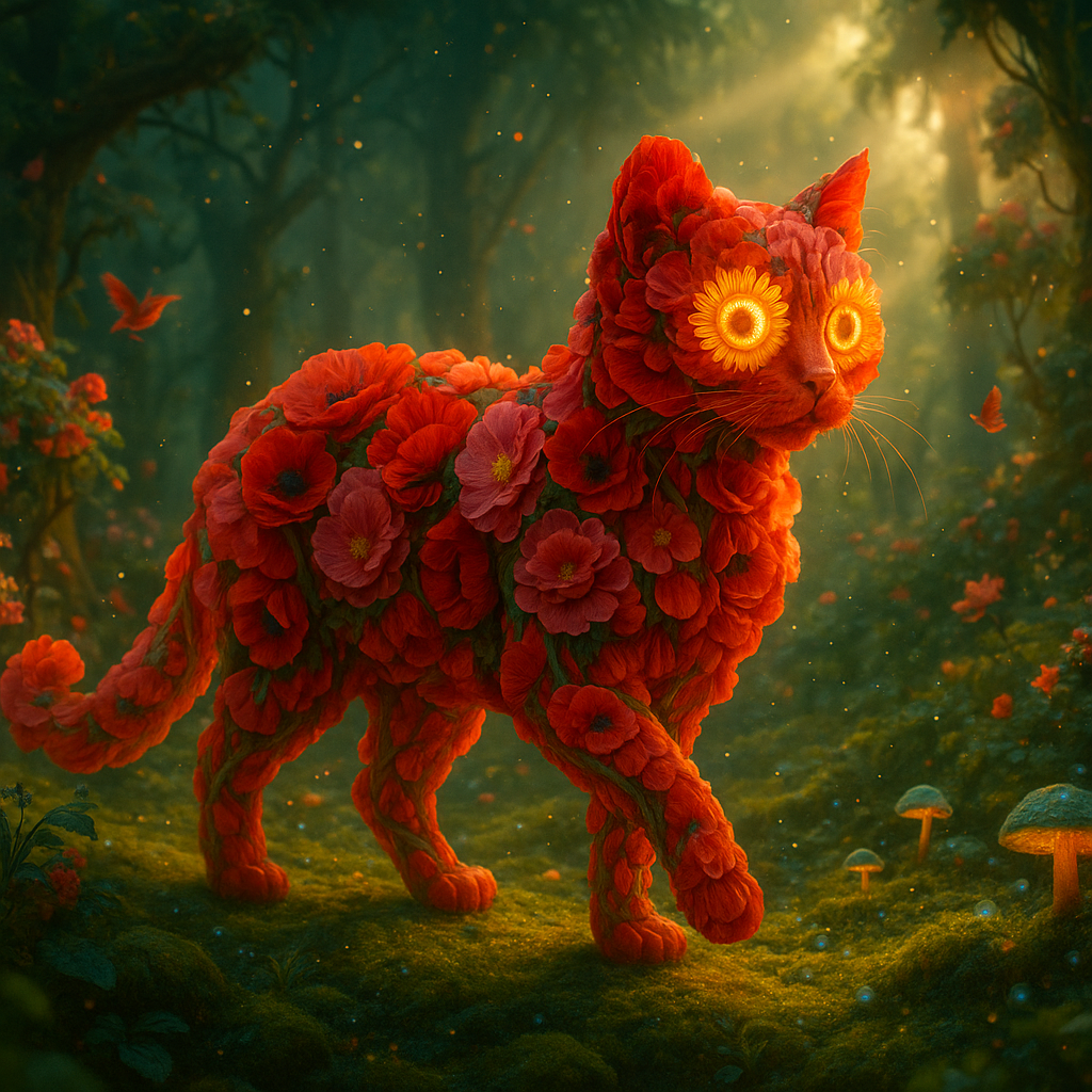Hyperdetailed surreal scene in a single paragraph: A majestic cat entirely made of vibrant poppies and peonies, its body composed of intricate layers of delicate red and pink petals with soft green stems, walking gracefully through a dreamlike enchanted forest. Its large expressive eyes are made of bright golden sunflowers that radiate warmth and life. The entire forest is a surreal fusion of flora and fauna, where trees are formed by twisting vines and wildflowers, birds and butterflies emerge from blooming bushes, and the ground is covered in lush moss and glowing mushrooms, creating an impossible magical world full of wonder and intricate organic details, masterpiece, ultra detailed, cinematic lighting --ar 16:9