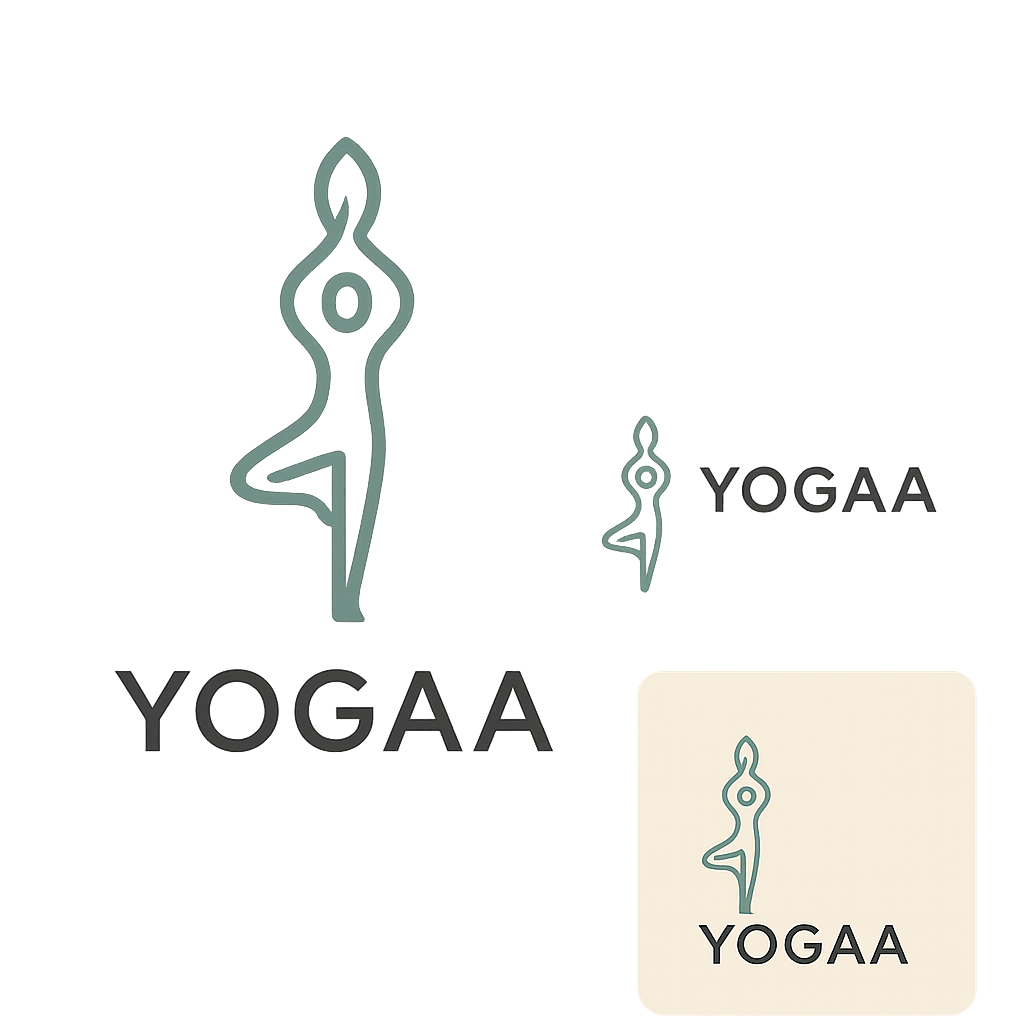 Design a minimalist and sophisticated logo for "YOGAA". Create a clean, modern emblem featuring a graceful human silhouette in a simple yoga posture (such as Tree Pose, Lotus Pose, or Warrior Pose), seamlessly integrated with a subtle natural element like a leaf, flowing curve, or rising sun. The figure should be elegant and abstract rather than detailed, symbolizing balance, wellness, mindfulness, and inner peace. Use smooth lines, gentle curves, and balanced negative space to create a welcoming and approachable identity. The logo should feel professional and trustworthy, yet friendly and affordable for people of all ages and backgrounds. Typography should be modern, clean, and slightly rounded, conveying warmth and accessibility. Color palette: sage green, muted teal, warm beige, soft terracotta, or charcoal gray. Avoid overly spiritual symbols, luxury-exclusive aesthetics, complex illustrations, gradients, or clutter. Flat vector style, timeless branding, scalable design, premium yet inclusive wellness brand identity.

