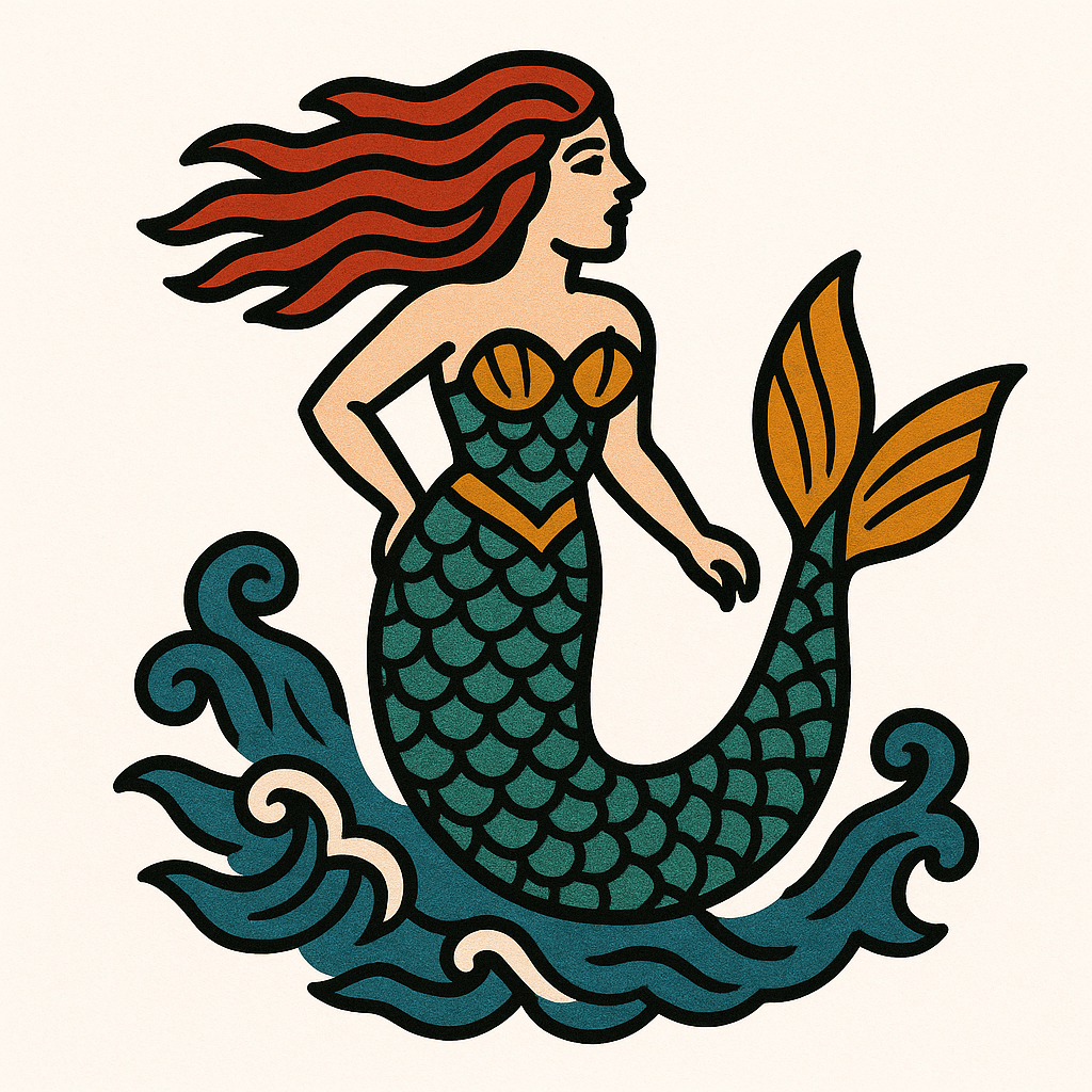 Pure white background, individual mermaid pattern, American old school tattoo style, coarse and heavy black outline, high saturation color scheme: rust red, earthy yellow, lake blue, dark green, retro sea waves embellished, fish tail layers distinct, scales blocky, flat color without gradient, strong lines, vector printing draft, 300DPI, excluding character skin, only pattern
