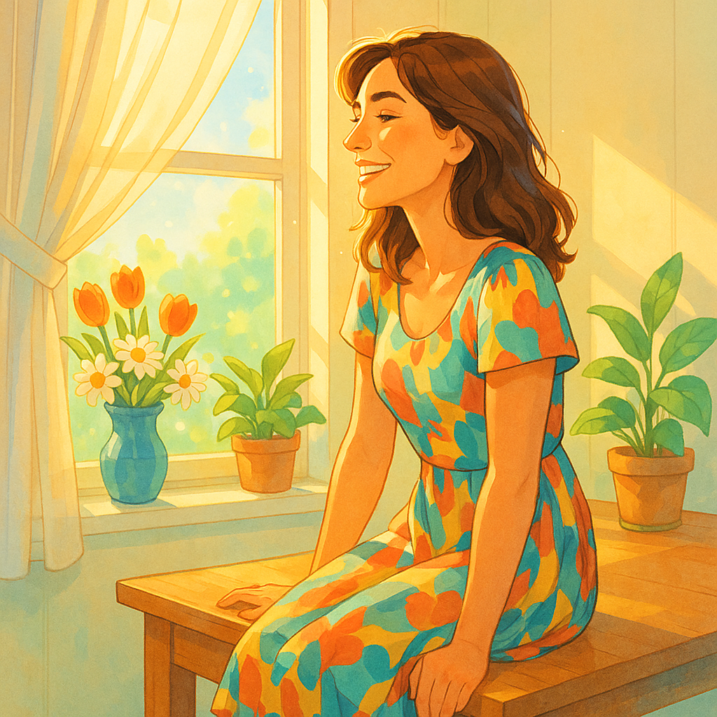 Create a beautiful woman smiling looking out the window sitting on a table with a window and flowers backdrop bright and happy vibes