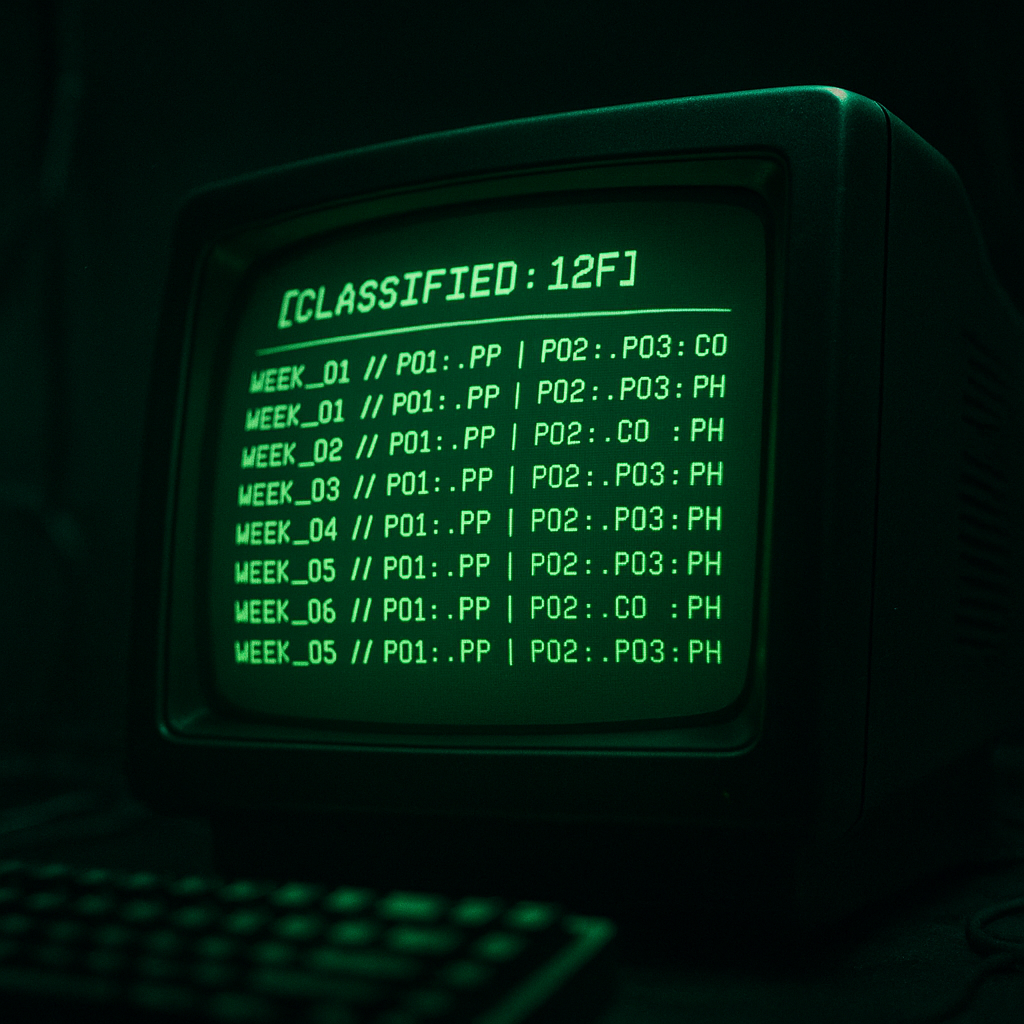 High-contrast photograph of an old green monochrome CRT monitor displaying retro computer text. The screen shows a clean data readout titled "[CLASSIFIED: 12F]". The text below shows sequential columns of code-like entries: "WEEK_01 // P01: .PP | P02: .PP | P03: CO | P04: PH" for several lines. The image has a slight CRT scanline effect. Cinematic lighting, low angle shot.