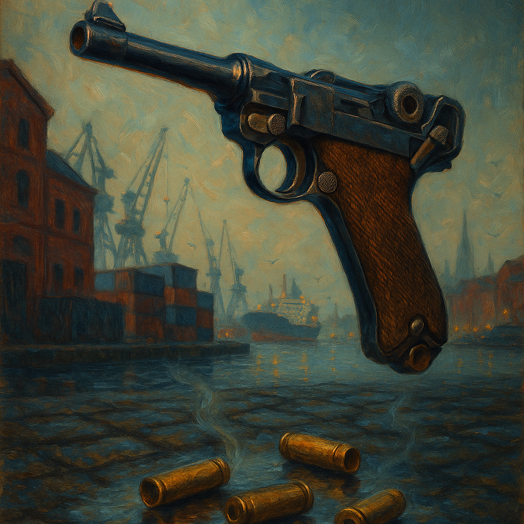 Draw a book cover. It features a Luger P-08 pistol suspended in midair at a 35-45 degree angle, with empty Luger bullet casings lying on the pavement beneath it. The background depicts an old German port city from the 2000s. Don't write anything. Just a picture of a Luger suspended as if on a hook, with the casings lying at the bottom as if they've been shot. And in the background is a modern port with gunpowder ships and tankers.