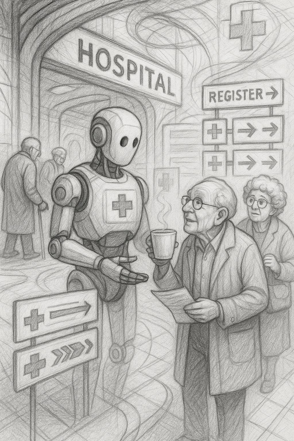 Please create a surreal technological-style picture with several scenes:
One scene is at the hospital entrance, where a robot assists the elderly in registering, helps them be guided to the relevant treatment department, and provides them with a cup of hot water for rest; Secondly, in the hospital wards, robots measure the body temperature of patients and hold medications to remind them to take their medicine.
Thirdly, in the pharmacy, once the robot recognizes the patient's identity information, it uses its mechanical arm to retrieve the medication that the patient needs.