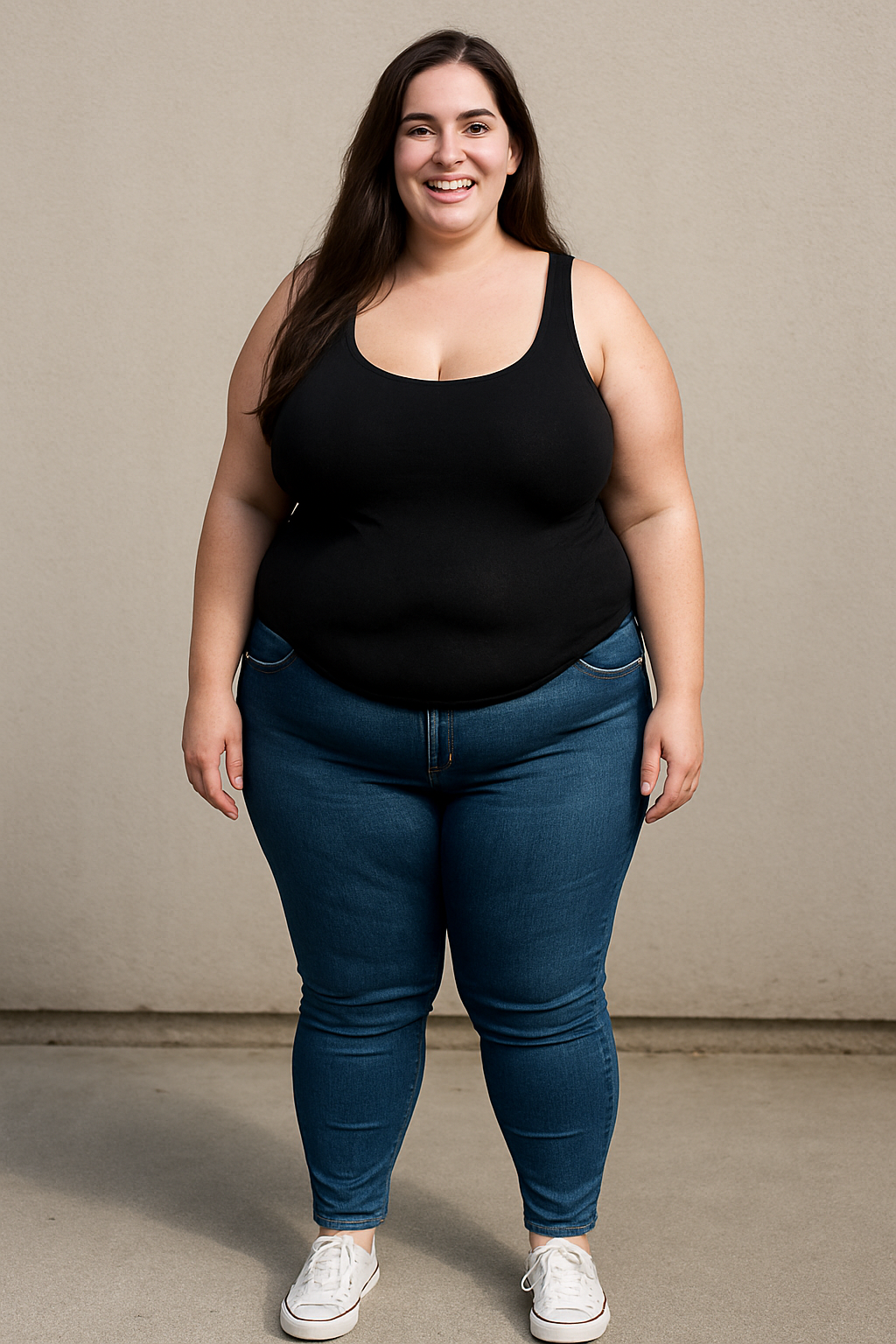 Une femme blanche de 22 ans aux yeux bleus brune cheveux longs heureuse mesurant 1m80 avec un tour de dos de 70 cm et un tour de hanche de 80 cm et un tour de poitrine de 180 cm photoréaliste. Avec vue  entière de face.