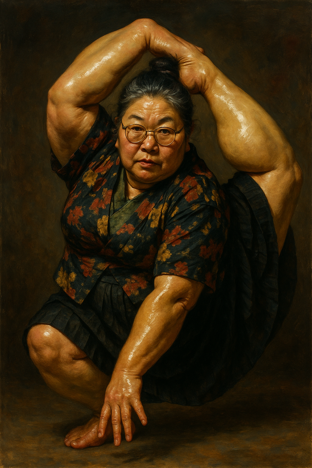 mature woman, some acrobatic pose, wear glasses. japan modern fashion, Asian, thick arm and leg, oiled skin, realistic