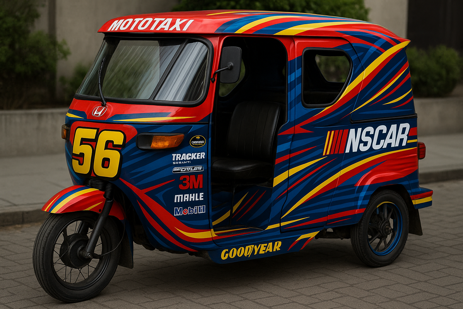 Tengo una mototaxi y deseo que me hagas un diseño de pintado de la moto tipo los autos de carrera de Nascar 