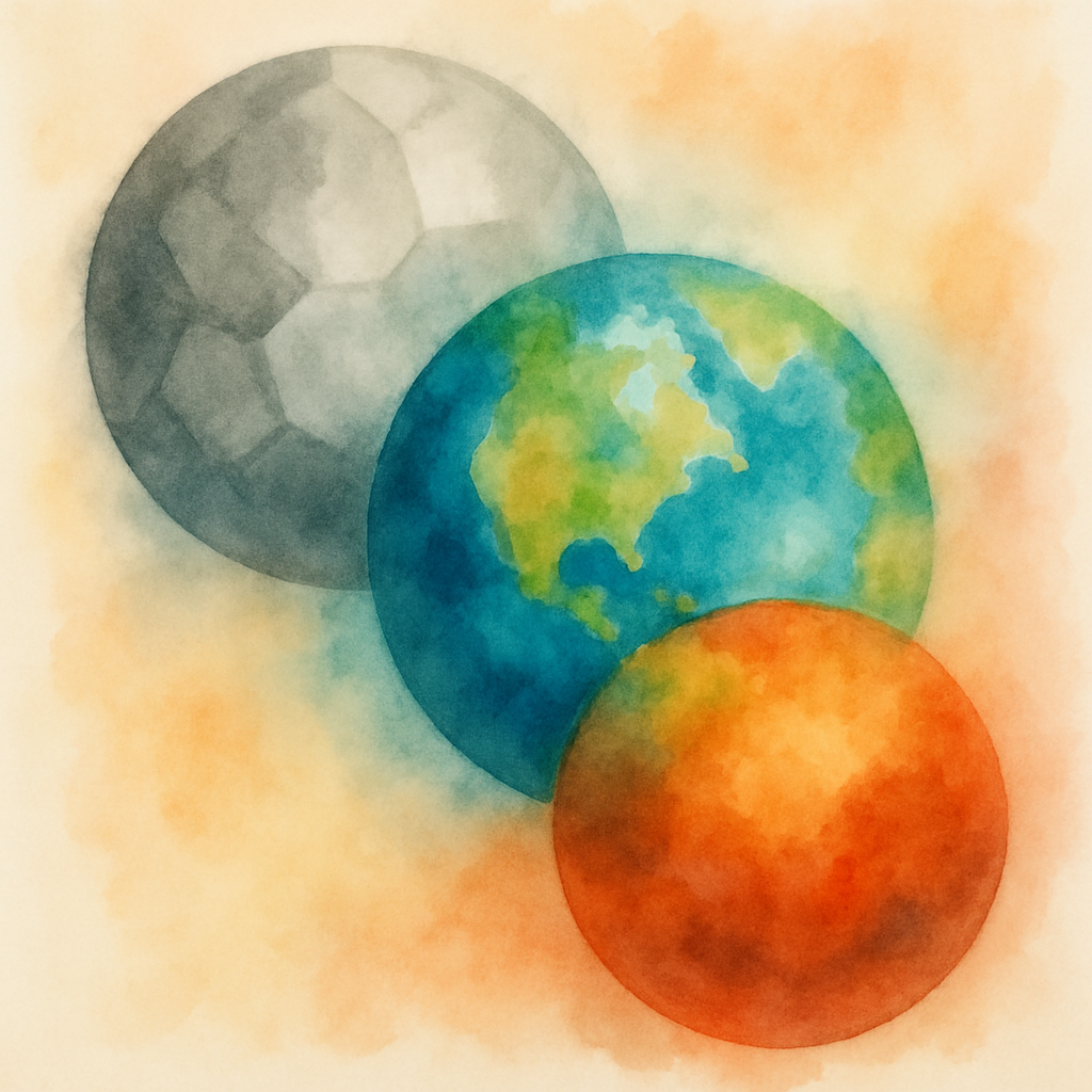 Three overlapping spheres, one grey, representing the moon. One Blue and Green, representing earth. One orange, representing mars. The three spheres should be arranged in a triangular shape. The moon should be more abstract. Make all three look like they are subdivided like stained glass. Abstract. No fine details. watercolor. Blurry