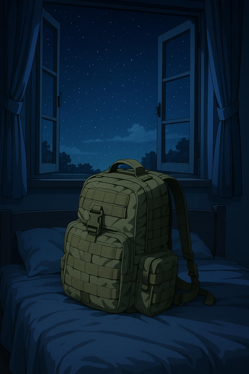 uma cama a noite com a janela aberta e uma mochila tatica militar em cima