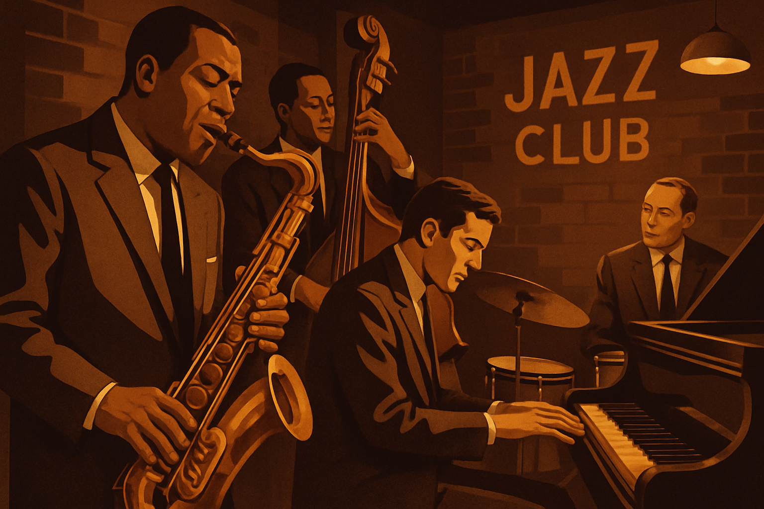 Create realistc foto inspired by the atmosphere of the mid-1960s. Feature tenor saxophone, acoustic piano, upright bass, and brushed drums. Warm analog recording, intimate jazz club ambience, lyrical improvisation, rich modal harmony, relaxed swing, nostalgic late-night mood. 