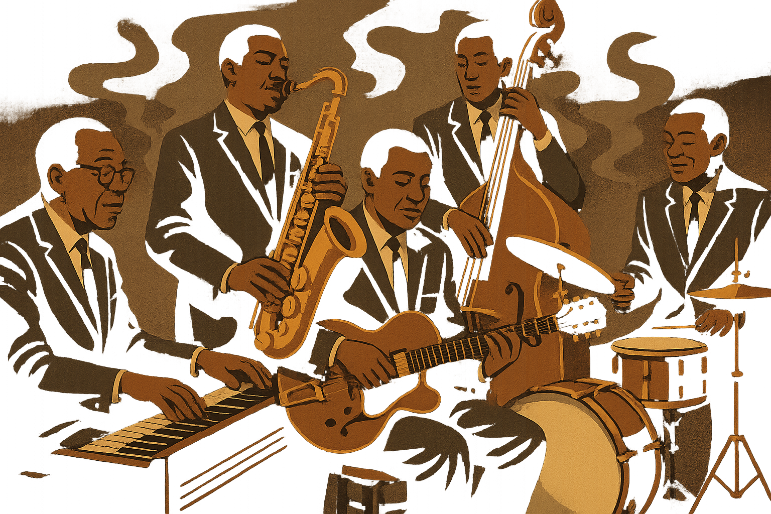 Original soul jazz featuring Hammond organ, tenor saxophone, guitar, upright bass, and drums. Warm vintage, relaxed groove, smoky jazz club, 