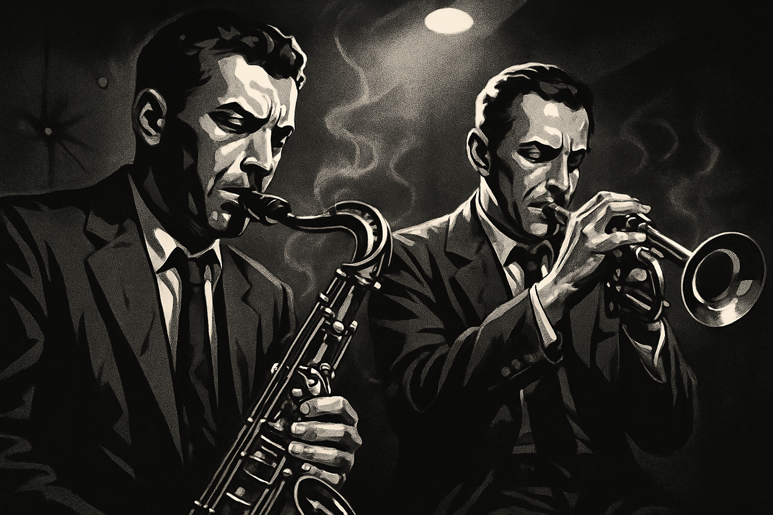 Two male jazz musicians in a smoky intimate nightclub, one on tenor saxophone at left and one on trumpet at right, captured in a close, candid black-and-white frame; mid-century suits and ties, slightly rumpled, polished brass instruments catching pinpricks of light, soft tufted wall upholstery behind them dotted with round buttons, shallow depth of field, pronounced film grain and high contrast for a vintage 1940s-1950s vibe; dramatic overhead spotlighting creating strong rim light and deep shadows, subtle motion blur on the instruments and embouchure to convey movement, expressive focused faces and visible breath, warm tonal highlights despite monochrome palette, tight composition with saxophonist foreground-left and trumpeter slightly back-right, rich textural detail in fabric and metal, cinematic, moody, nostalgic atmosphere, 3:2 aspect ratio, 35mm film look, f/2.8, soft bokeh background.