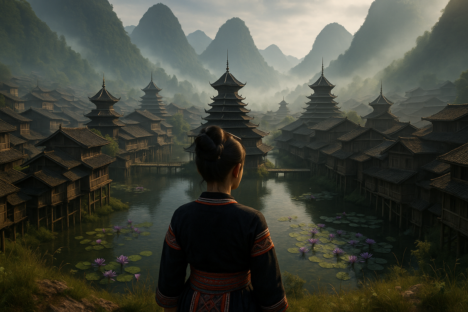 Overlooking hillside shot, back view of Miao minority girl, ancient Dong wooden stilt water village, Dong drum towers, karst green mountains, valley fog, ponds with purple water lilies, morning volumetric light, cinematic moody atmosphere, Unreal Engine 5, ultra realistic, Chinese southwest mountain village concept art