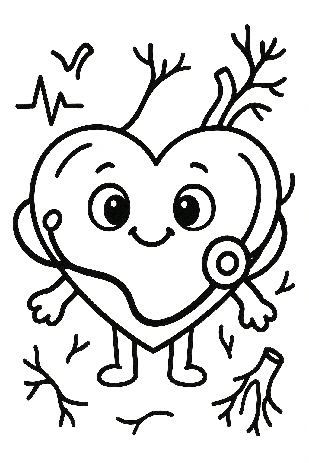A cute children's coloring book page featuring a friendly cartoon heart character. The heart is smiling with big kind eyes, small arms and legs, standing happily. Add simple anatomy-inspired details like tiny heartbeat lines, a stethoscope around the heart, and a few simple blood vessels as decorative elements. Educational but playful style for preschool and early elementary children. Thick clean black outlines, simple shapes, white background, no colors, no gray shading, no shadows, no gradients. Easy areas to color, suitable for a kids biology coloring book, adorable expressive character design, high quality printable coloring page, centered composition.