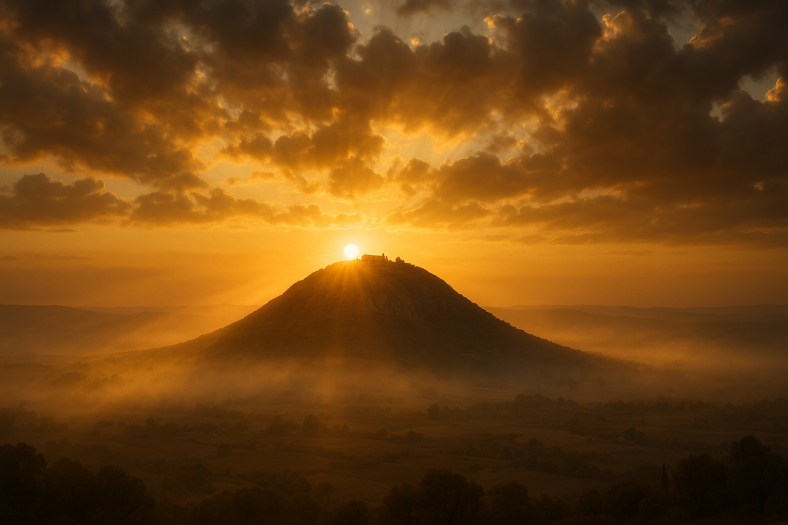 Sunrise over Mount Tabor, golden light illuminating the mountain, soft morning mist, dramatic clouds, peaceful sacred atmosphere, ultra realistic cinematic landscape, volumetric lighting, HDR, 8K, 16:9,Ultra realistic cinematic photography, Byzantine atmosphere, warm golden light, volumetric sun rays, dramatic clouds, sacred atmosphere, highly detailed, natural colors, 8K, HDR, soft depth of field, epic composition, 16:9, no text, no watermark.