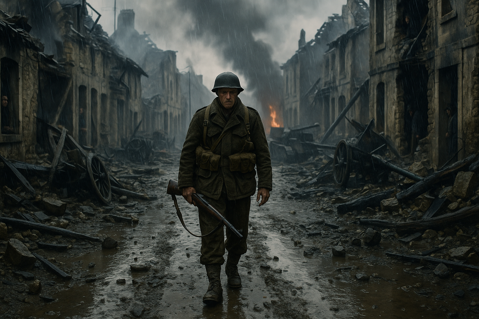 A World War II soldier walks alone through the remains of a European village after a devastating battle. Destroyed stone buildings line the empty streets, smoke rises from burning structures, and abandoned military equipment lies scattered among the rubble. Civilians watch silently from damaged homes as exhausted soldiers move cautiously through the destruction. Rain falls over broken roads, reflecting the gray sky and creating a somber atmosphere. The soldier carries the weight of war on his face, surrounded by the haunting silence after combat. Cinematic historical realism, emotional depth, realistic architecture, natural lighting, authentic 1940s atmosphere, award-winning war film aesthetic.