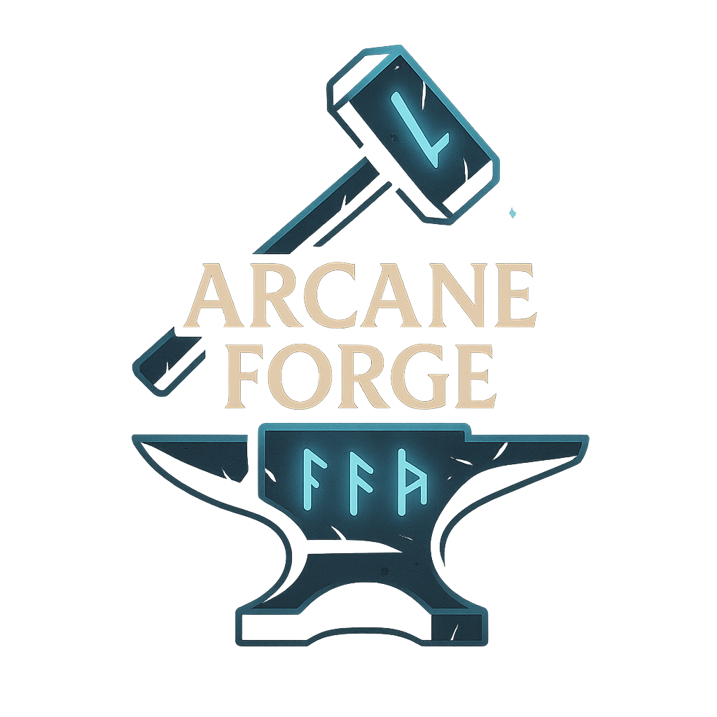 A minimalist 2D gaming logo emblem for a game studio. Centered design featuring a glowing, magical blacksmith hammer crossing over a mystical anvil. Ancient blue runes glowing on the metal. Dark obsidian background, sharp vector art, clean lines,`Text saying Arcane Forge in the middle blending in the blacksmith, square format.