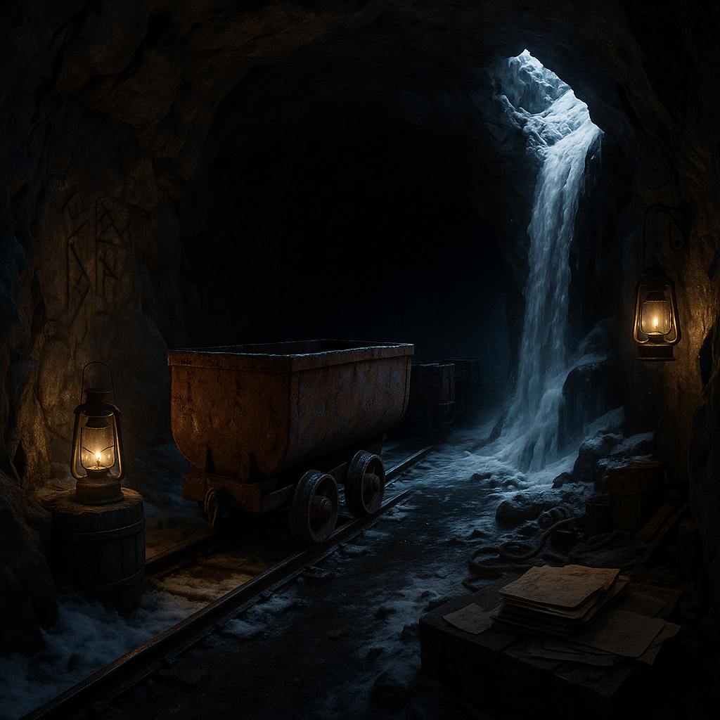 A hidden underground mine beneath a remote snowy mountain reveals decades-old secrets. Rusted mining carts sit on frozen tracks while abandoned lanterns cast weak yellow light across dark tunnels. Ancient rock formations mix with forgotten machinery, old documents, and mysterious markings carved into the stone walls. Snow melts through cracks above, creating icy waterfalls inside the tunnels. The atmosphere combines detective investigation with wilderness survival and psychological suspense. Realistic underground textures, cinematic shadows, cold industrial atmosphere, environmental storytelling, photorealistic lighting, Unreal Engine 5 quality, masterpiece, 8K.