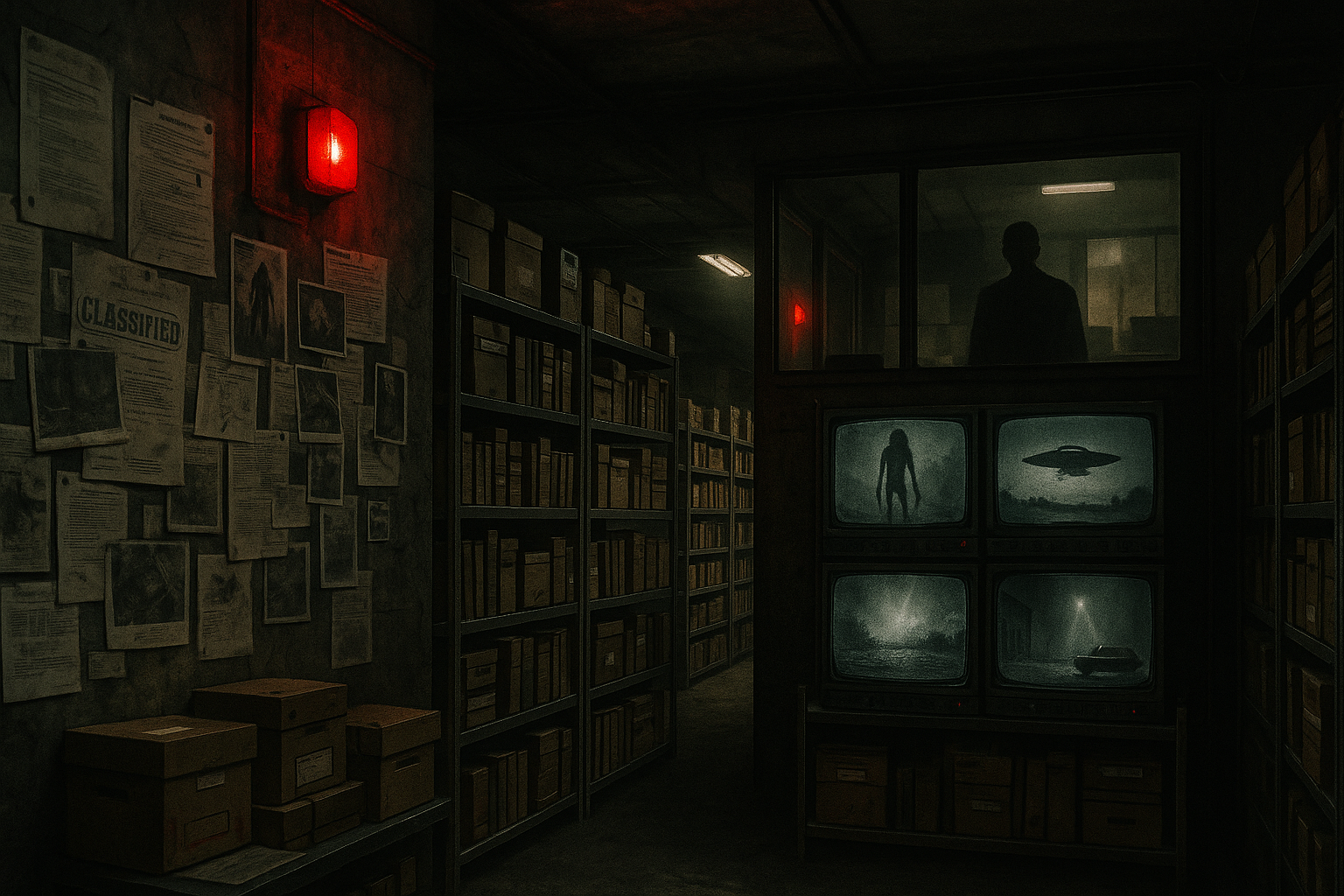 A secret underground government archive hidden beneath an abandoned subway station. There is endless shelves of classified files, old photographs, strange artifacts, and mysterious evidence boxes. Surveillance monitors display impossible images: unidentified creatures, unknown aircraft, and unexplained events. Red warning lights flash across concrete walls covered with classified documents. A shadowy figure watches from behind a glass window. Dark conspiracy thriller atmosphere, realistic film still style, dramatic shadows, detailed environment, noir science-fiction aesthetic.