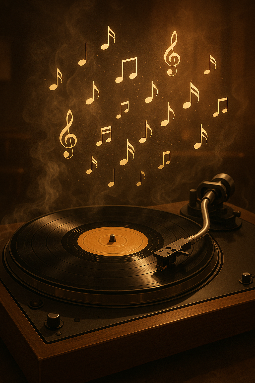 A vintage vinyl record spinning on a classic turntable, glowing warm jazz club lighting, smoky atmosphere, musical notes of a waltz floating like soft dust in the air, nostalgic 1960s aesthetic, cinematic lighting, photorealistic, 8k resolution.